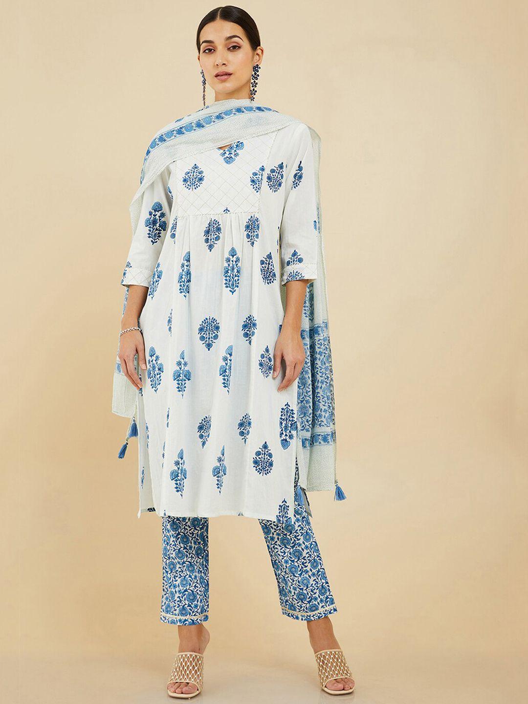 soch women white floral printed pure cotton kurta with trousers & dupatta