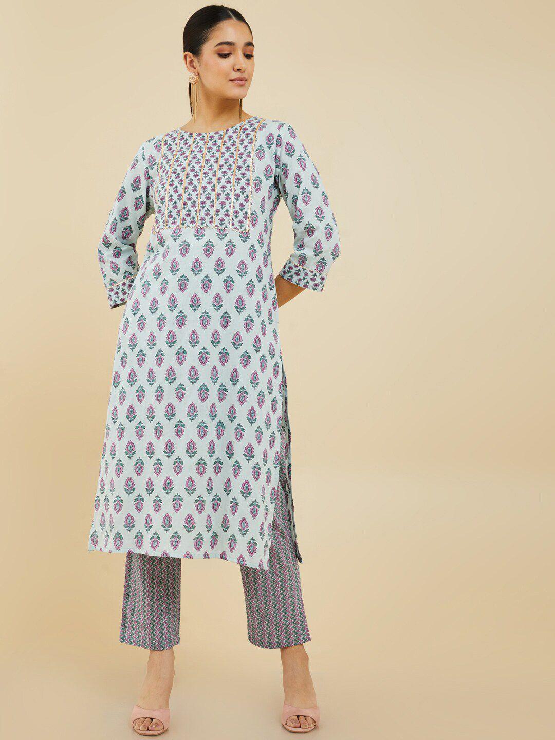 soch women blue floral printed kurta with trousers