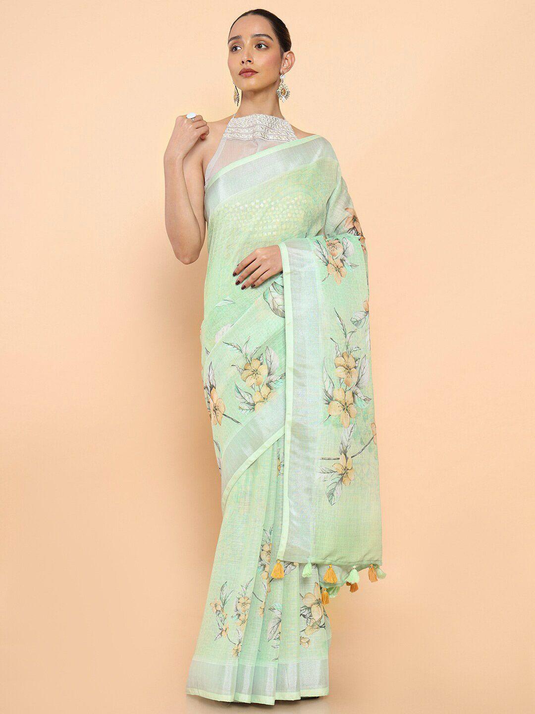 soch green & peach-coloured floral zari pure linen saree