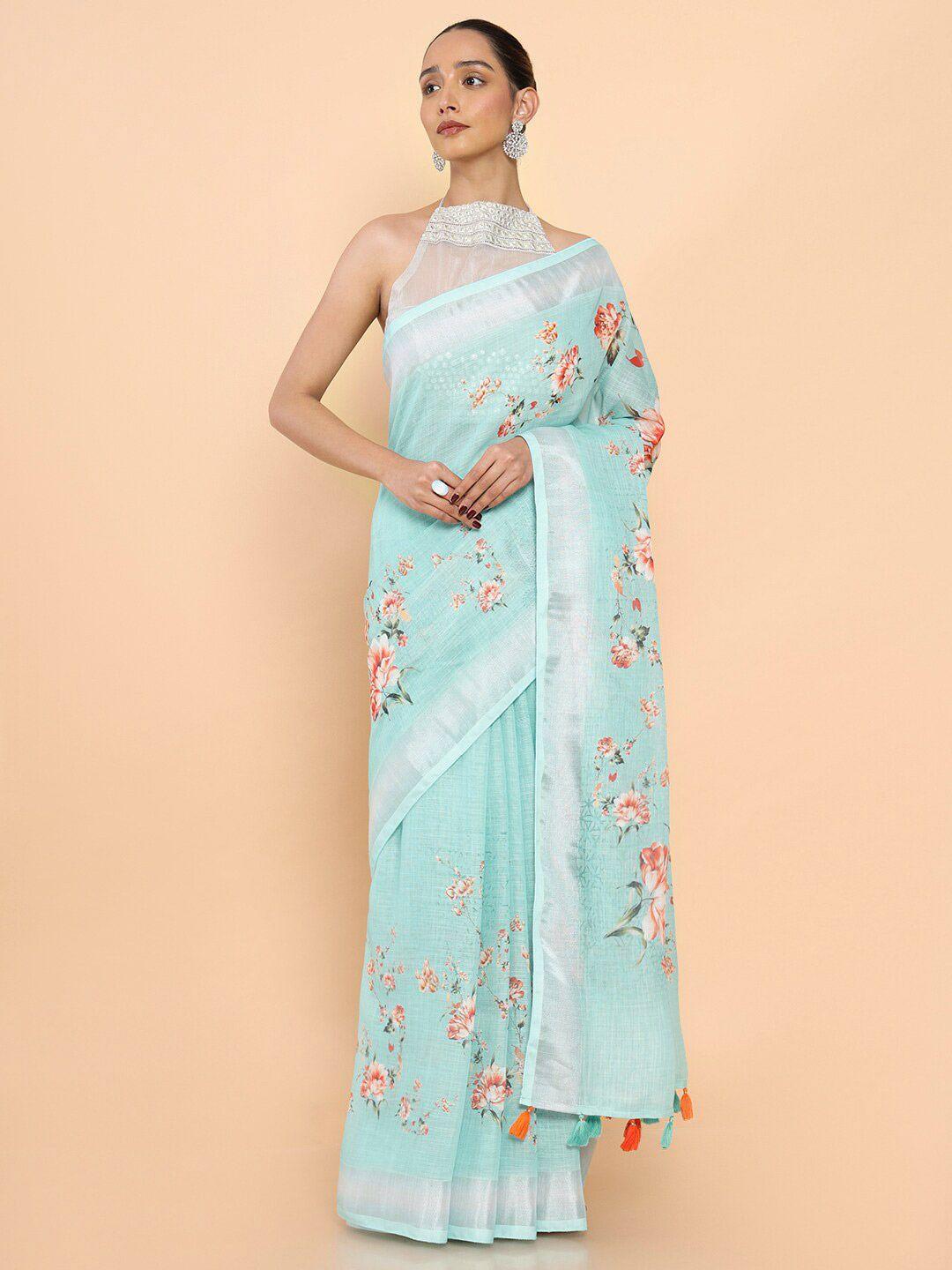 soch turquoise blue & orange floral zari pure linen saree