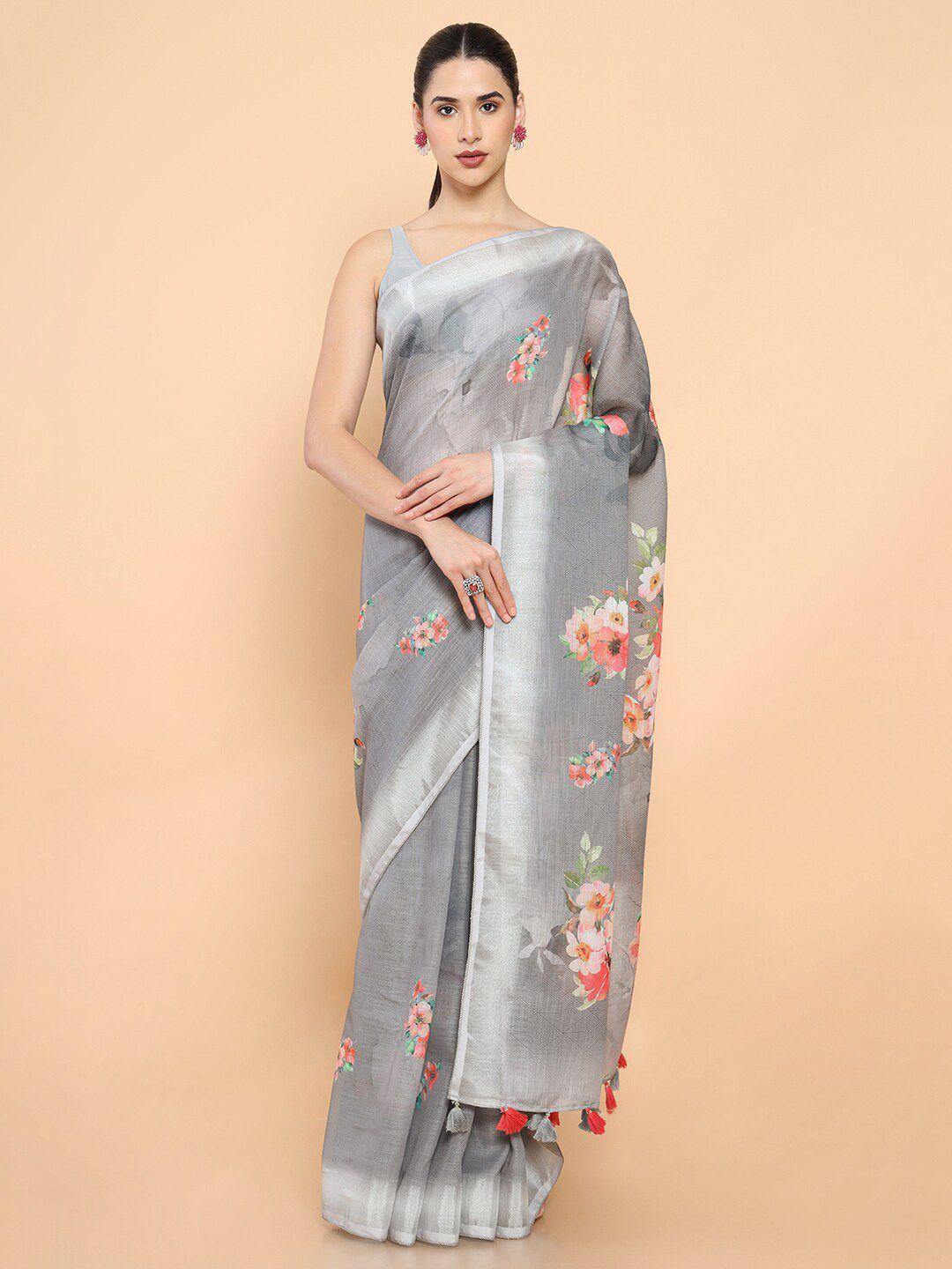 soch floral zari pure linen saree