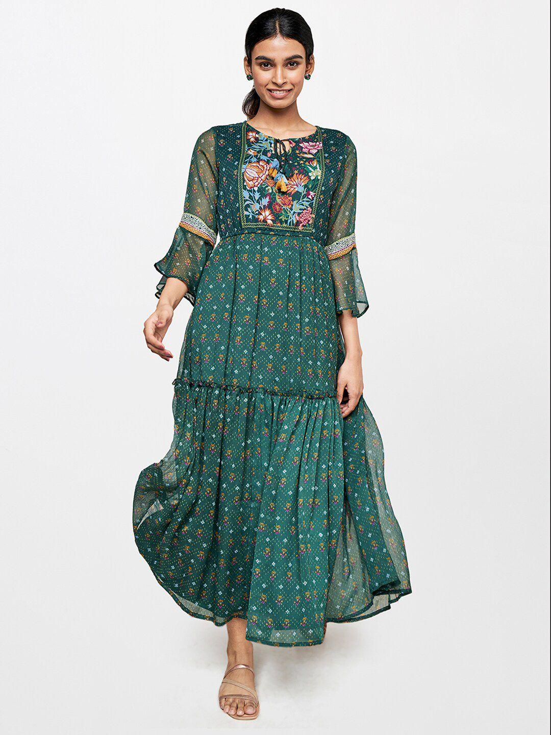 global desi floral printed tie-up neck midi fit & flare dress