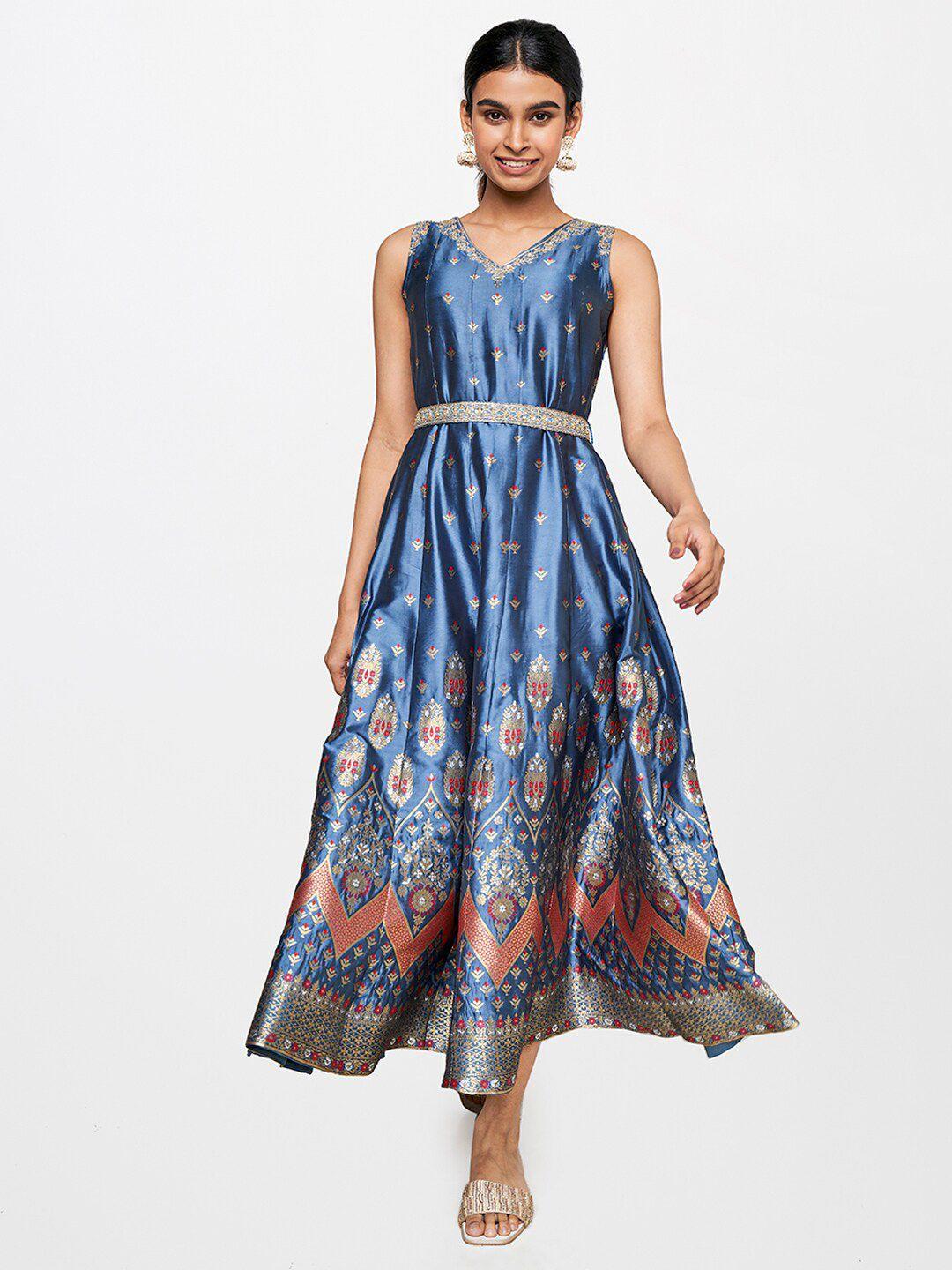 global desi belted embellished sleeveless fit & flare dress