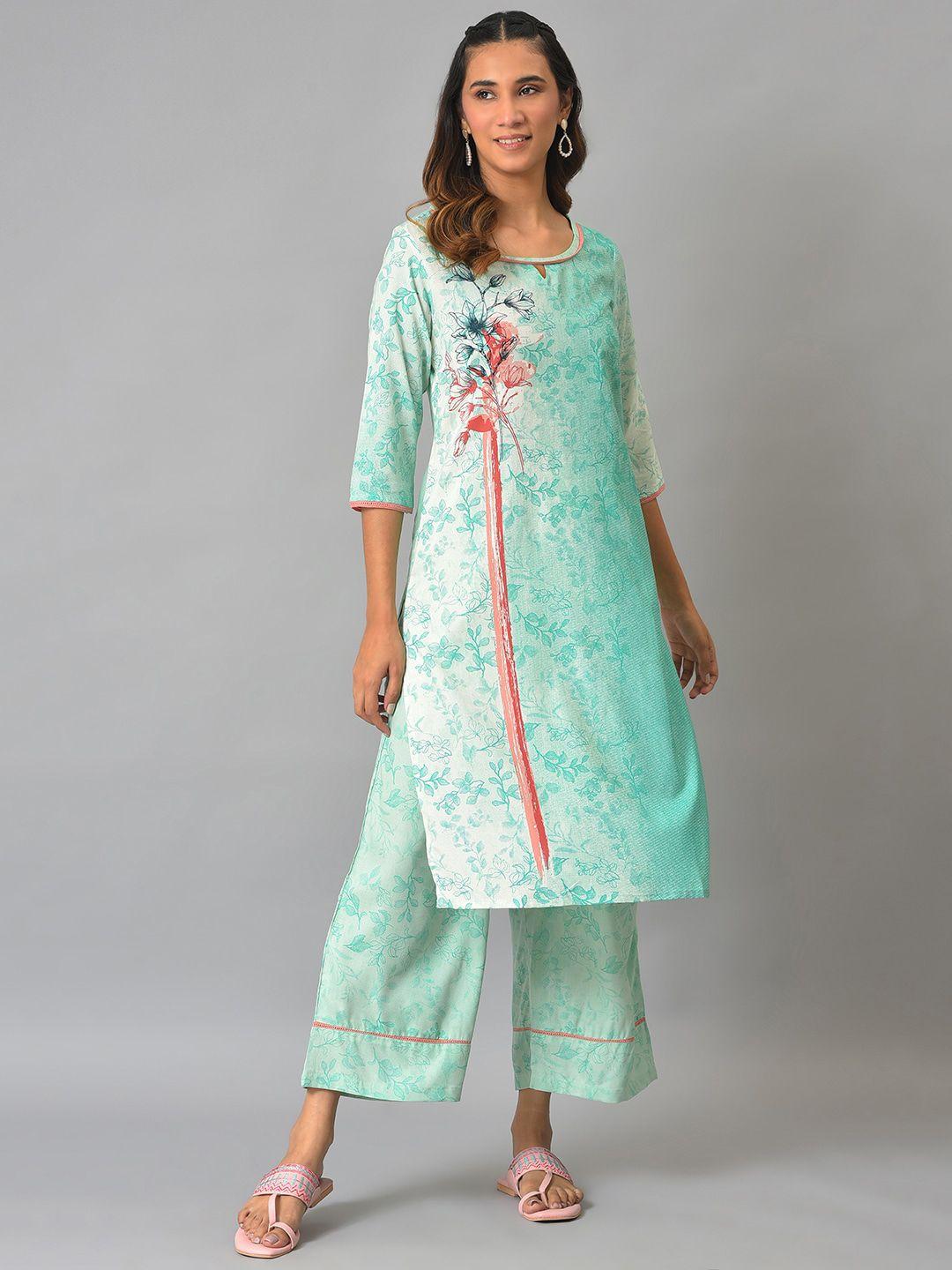 aurelia women green floral printed kurta with palazzos