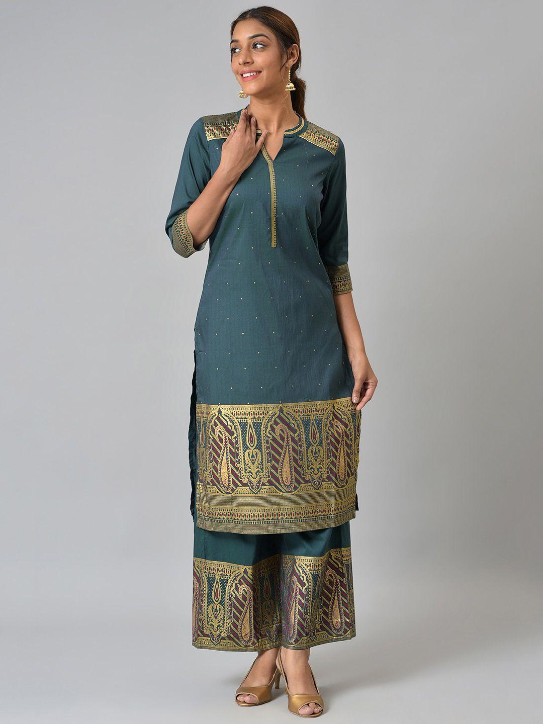 aurelia women teal ethnic motifs printed kurta with palazzos