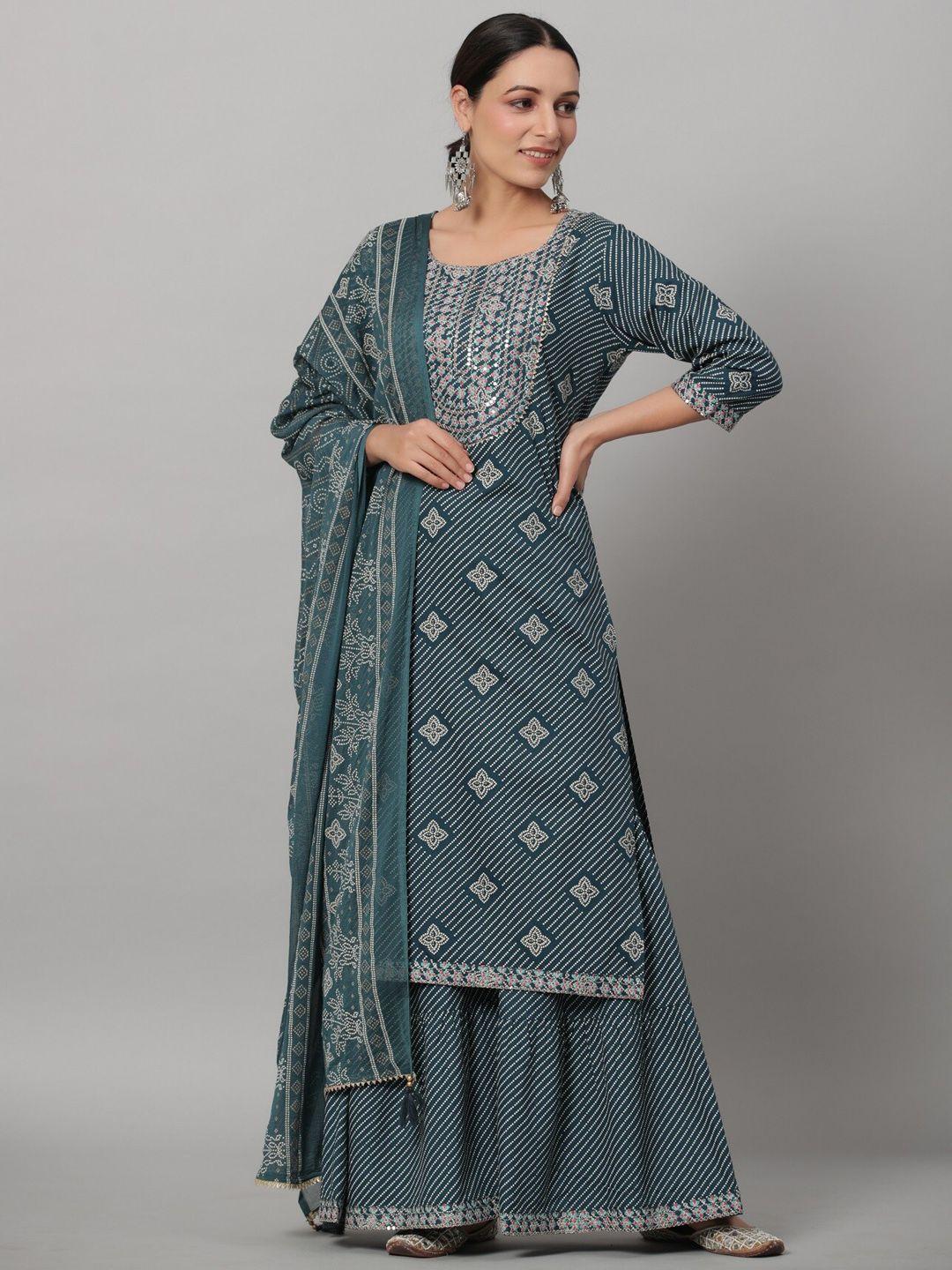 juniper women bandhani printed thread work kurta with sharara & with dupatta