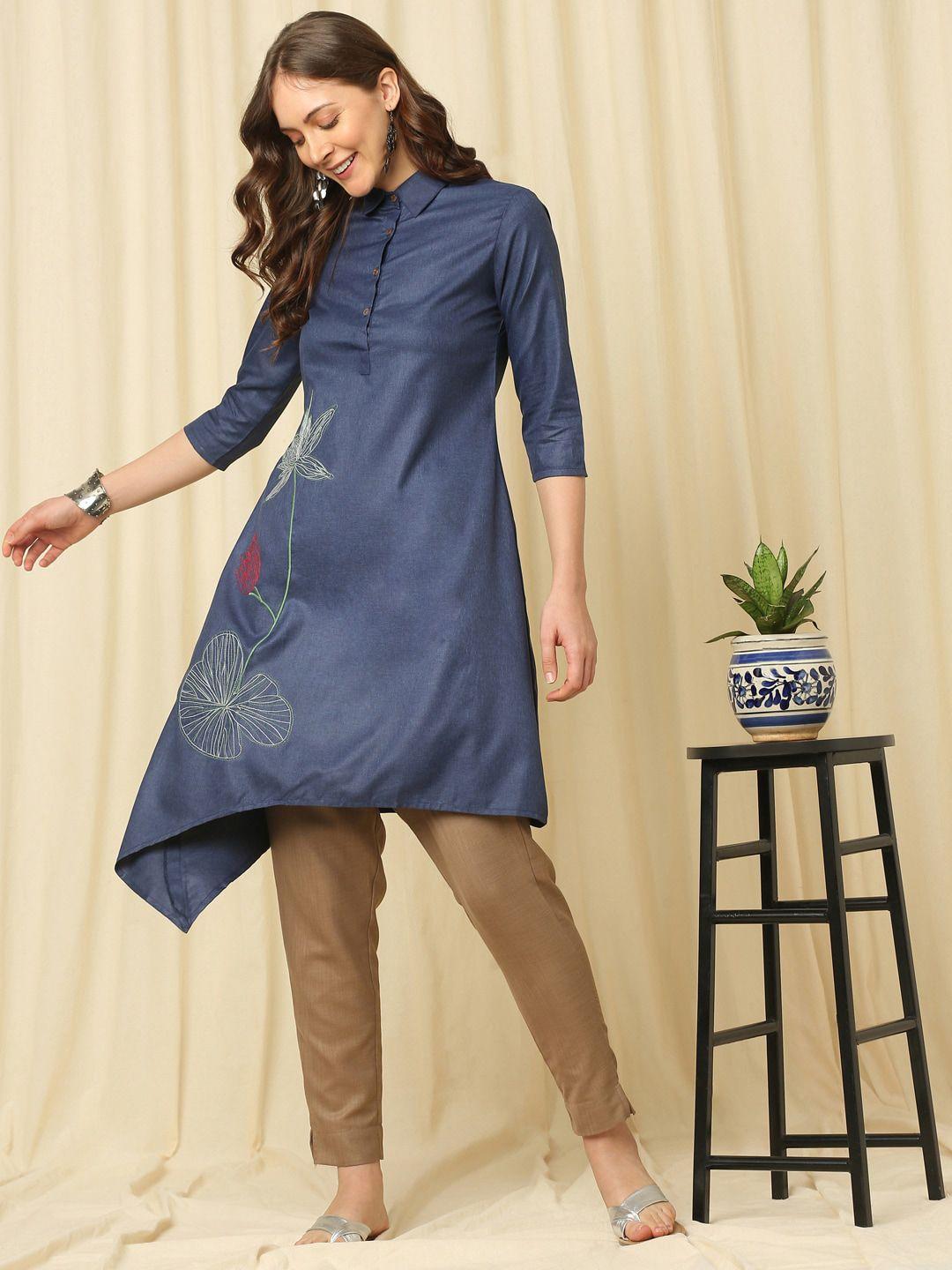 indifusion women thread work shirt collar kurta