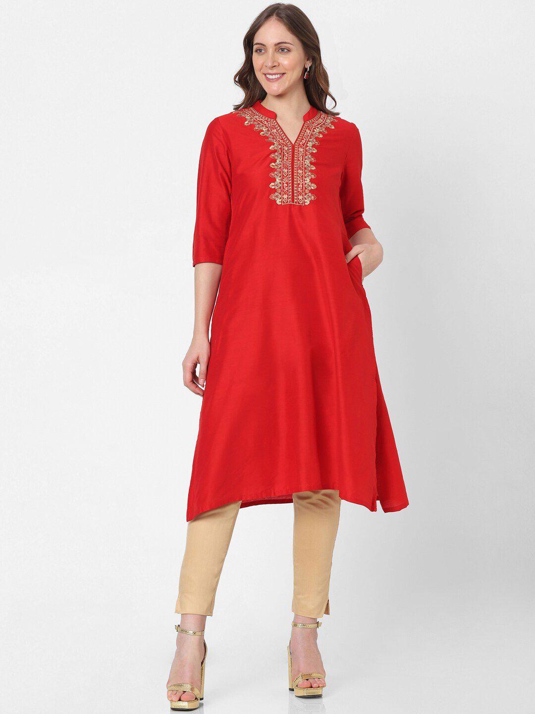 indifusion women thread work mandarin collar kurta