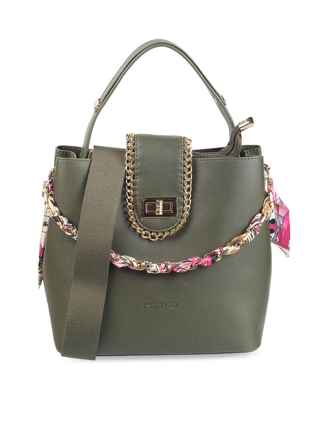 metro olive green embellished pu structured handheld bag