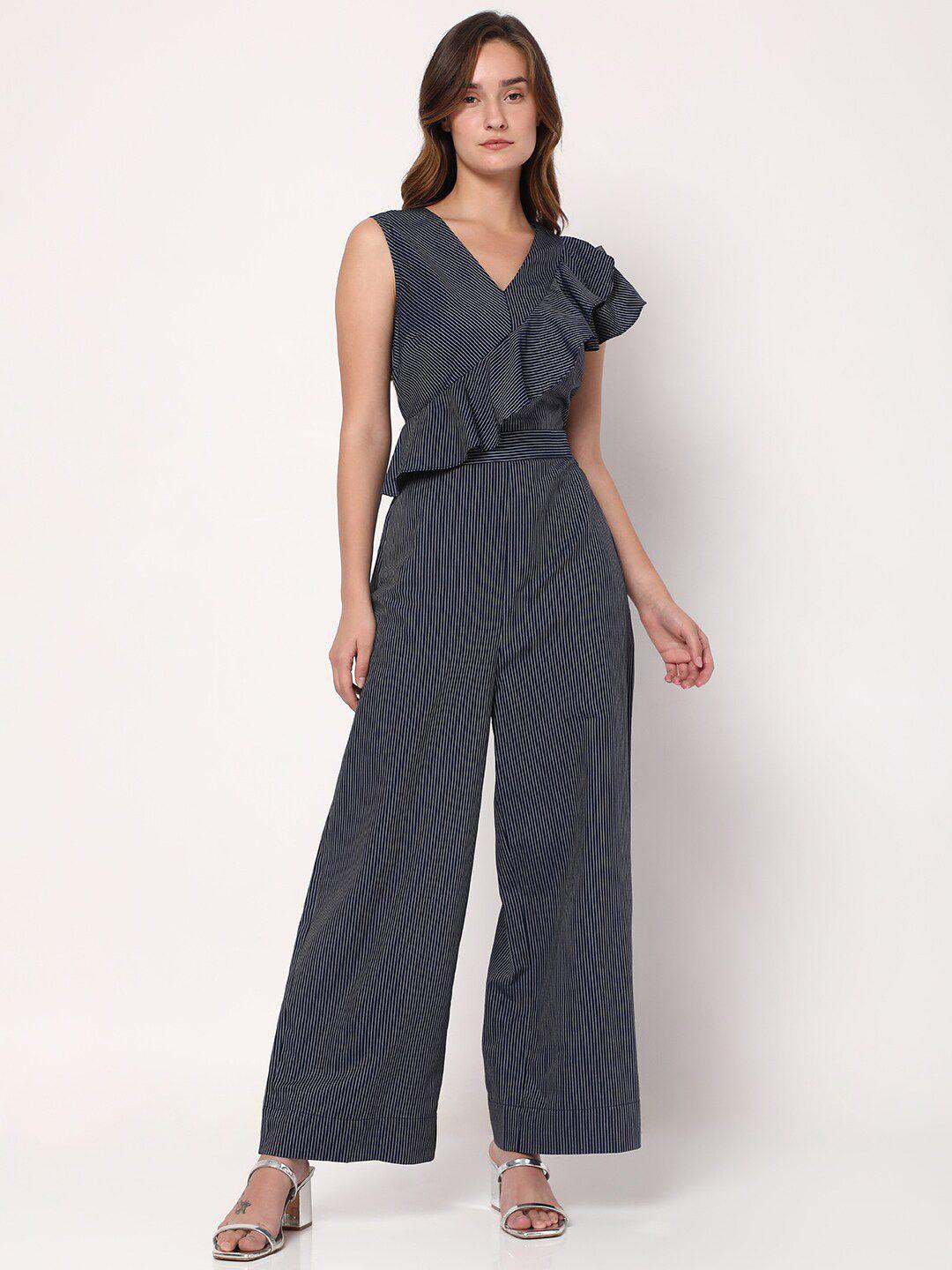 vero moda navy tencel striped basic jumpsuit with ruffles