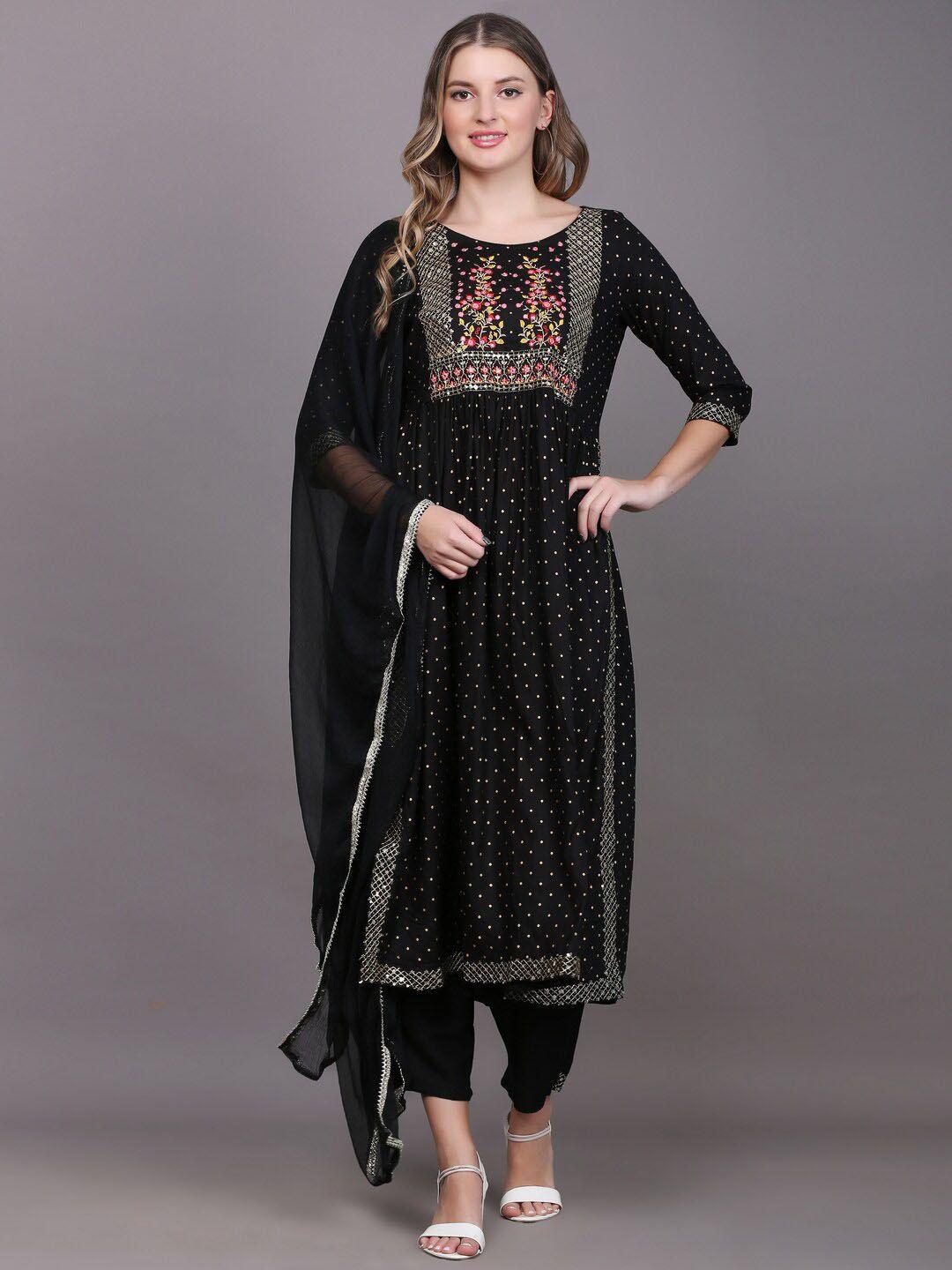 toulin women black floral yoke design thread work kurta with palazzos & with dupatta