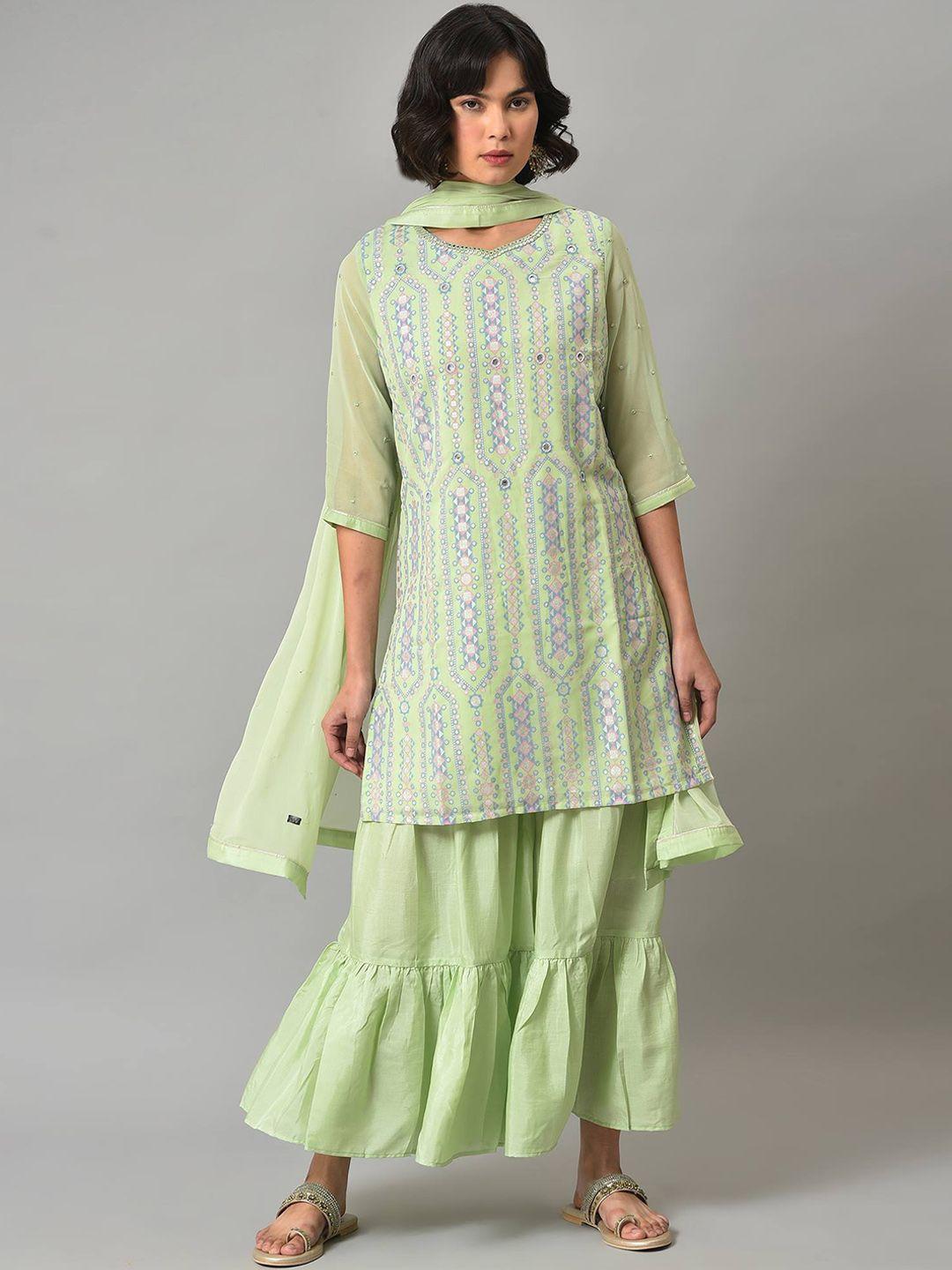 wishful women ethnic motifs printed mirror work kurta with sharara & dupatta