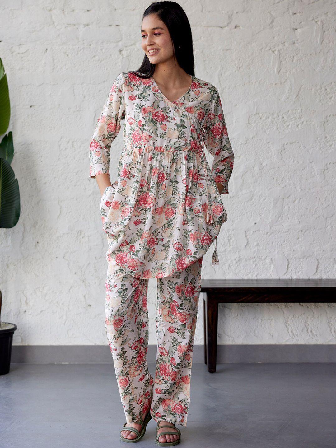 jisora floral printed angrakha kurta with palazzos