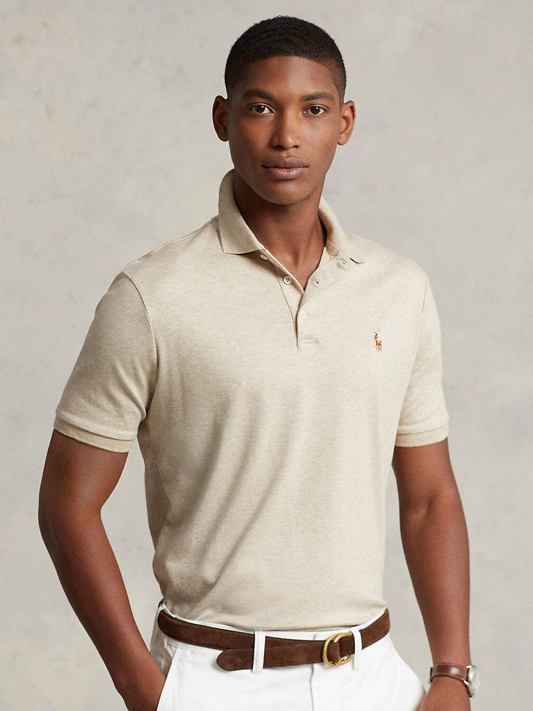 polo ralph lauren men cream-coloured cotton polo collar t-shirt