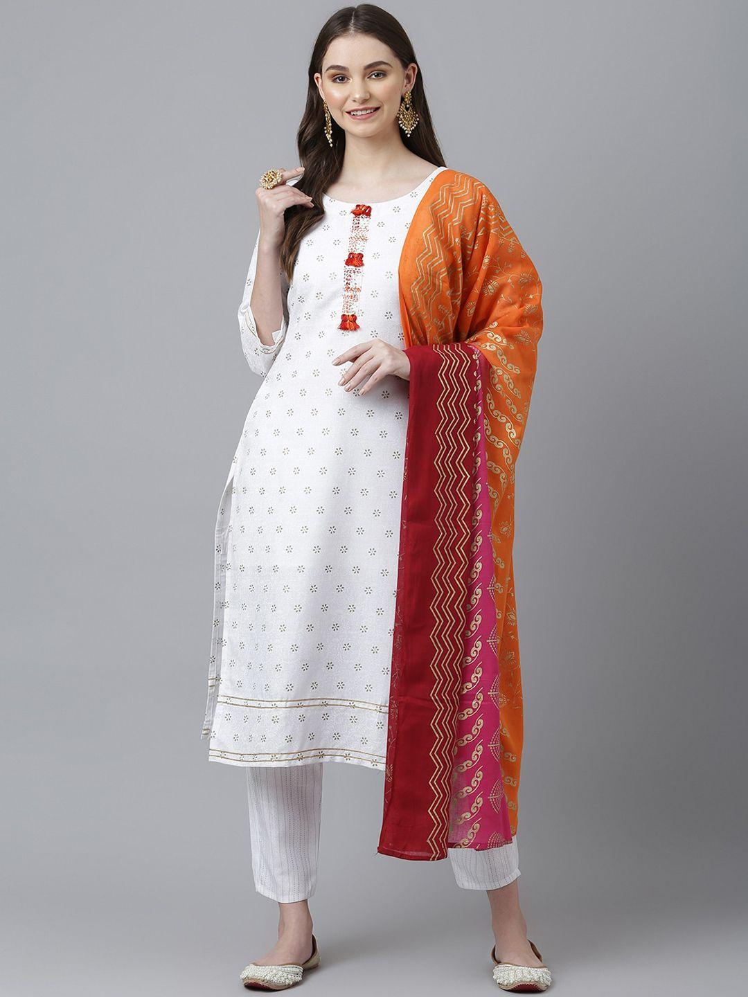 kiana printed thread work kurta with trousers & with dupatta