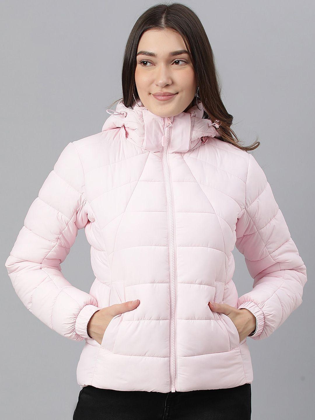 woodland women pink floral puffer jacket with embroidered