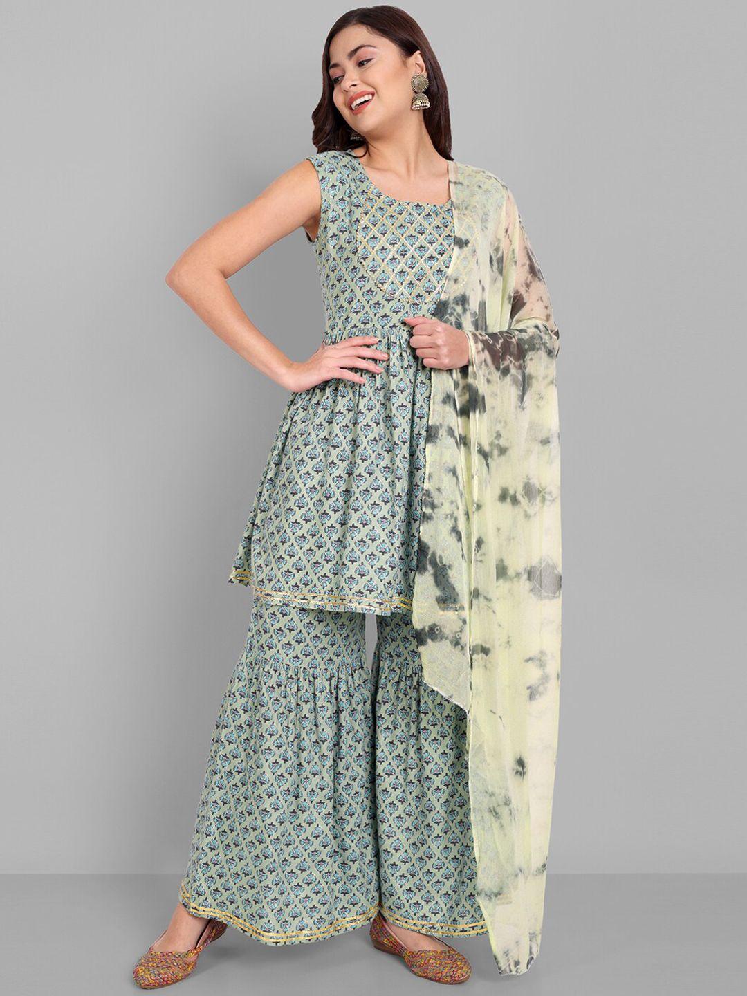 singni women grey ethnic motifs gotta patti kurta with sharara & with dupatta