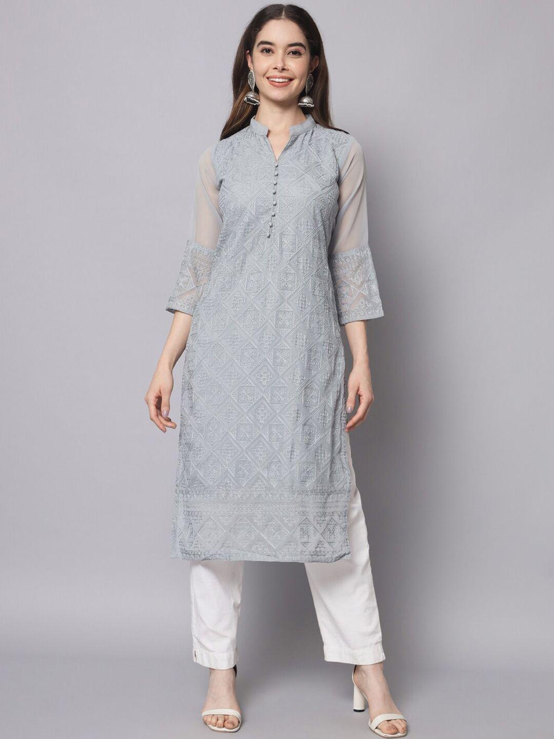 here&now women grey ethnic motifs embroidered thread work georgette kurta