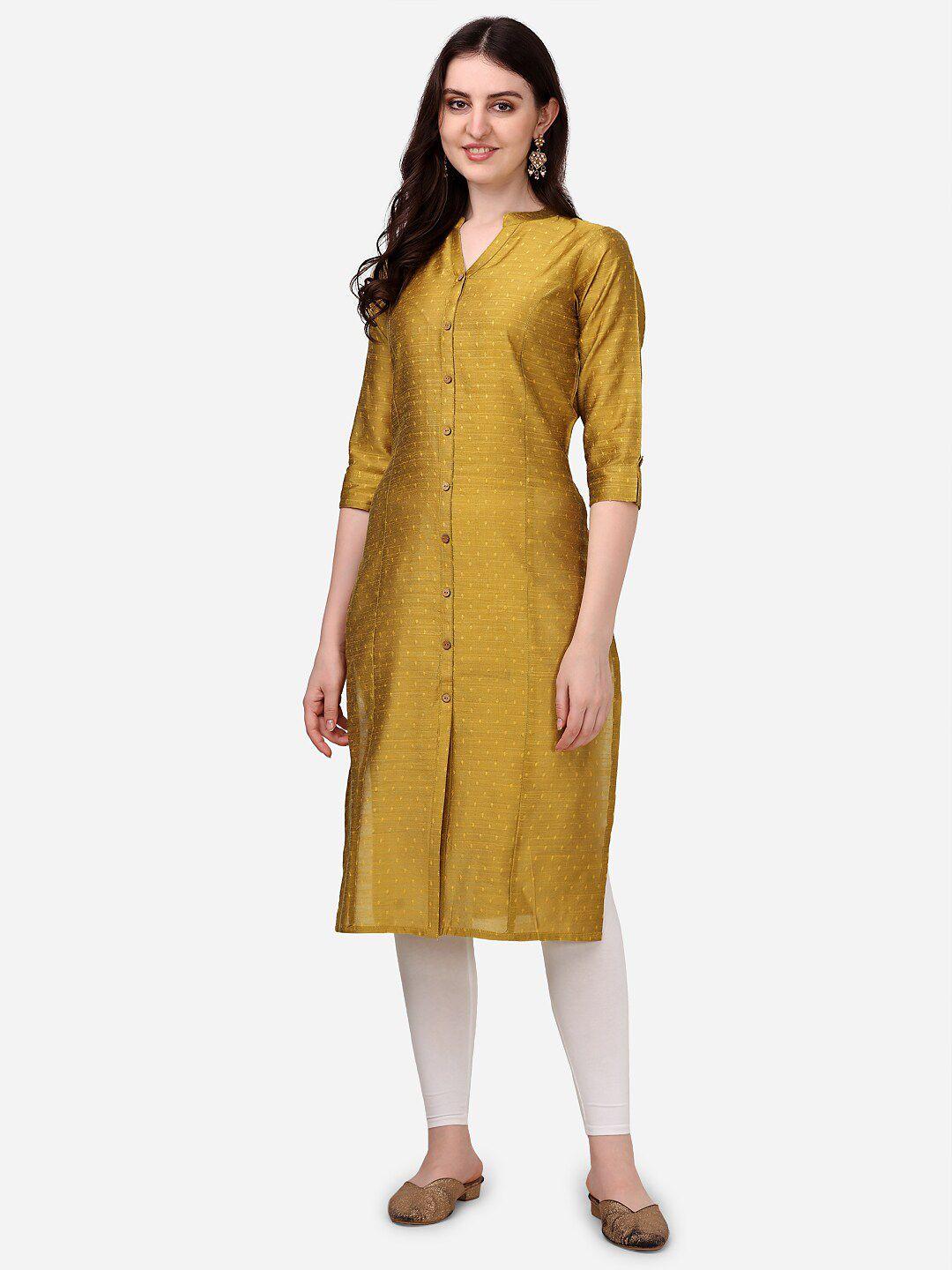 here&now women yellow geometric printed dobby kurta