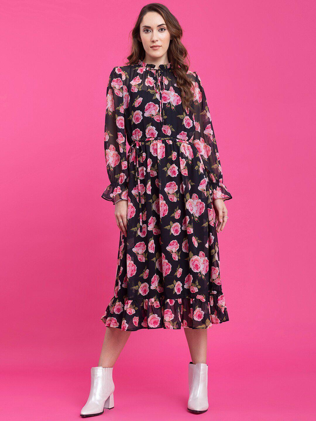 fablestreet floral tie-up neck georgette midi dress