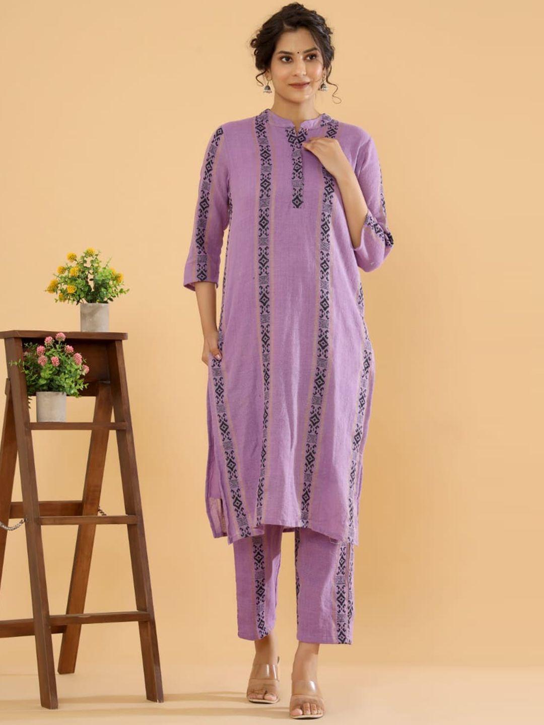 autumn lane ethnic motifs printed mandarin collar pure cotton kurta with trousers