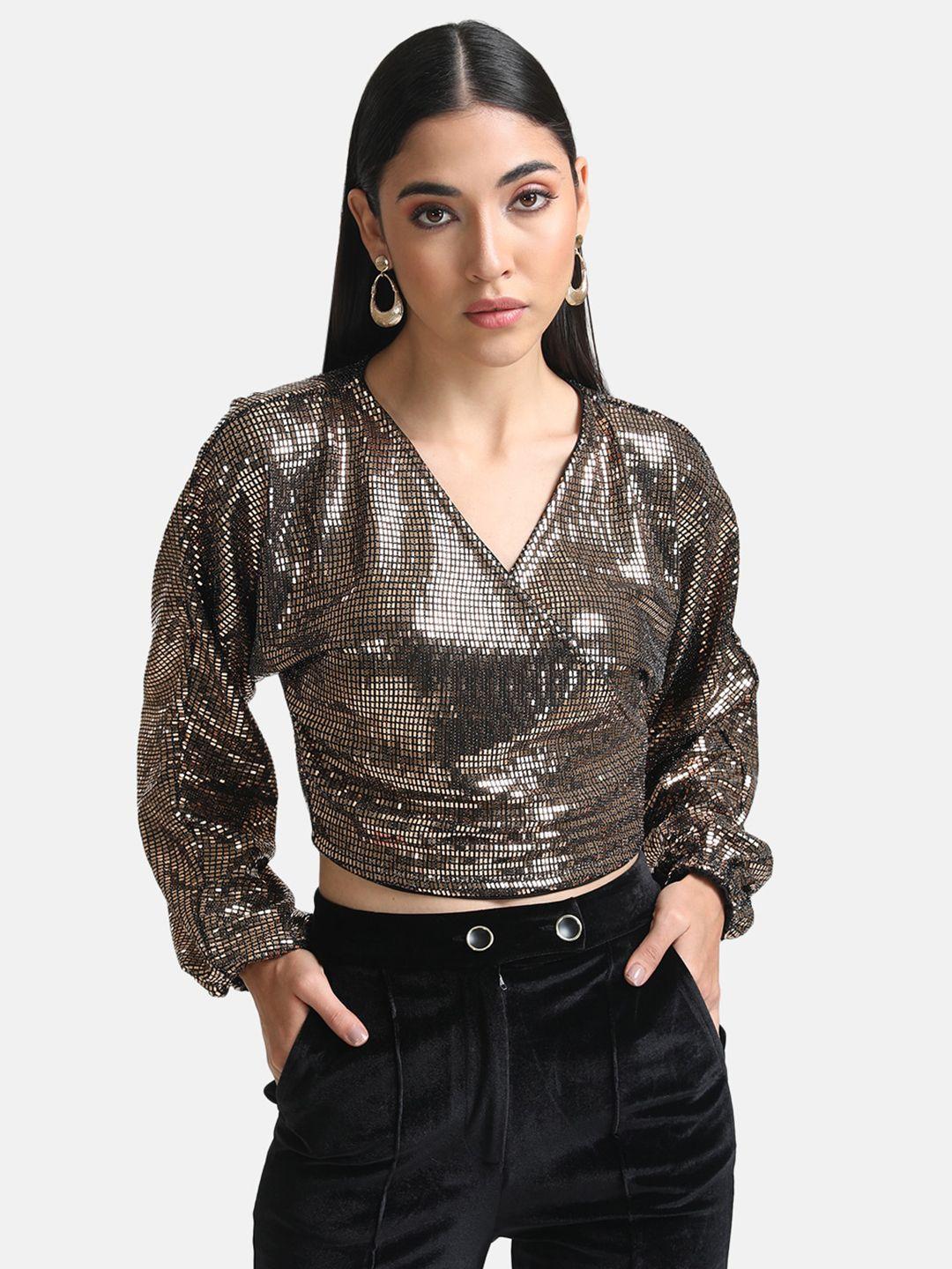 kazo copper-toned print wrap crop top