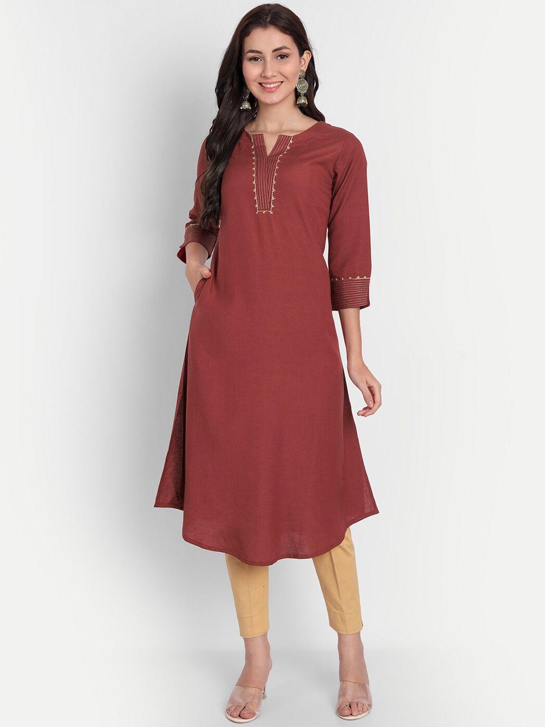 suti women maroon yoke design thread work kurta