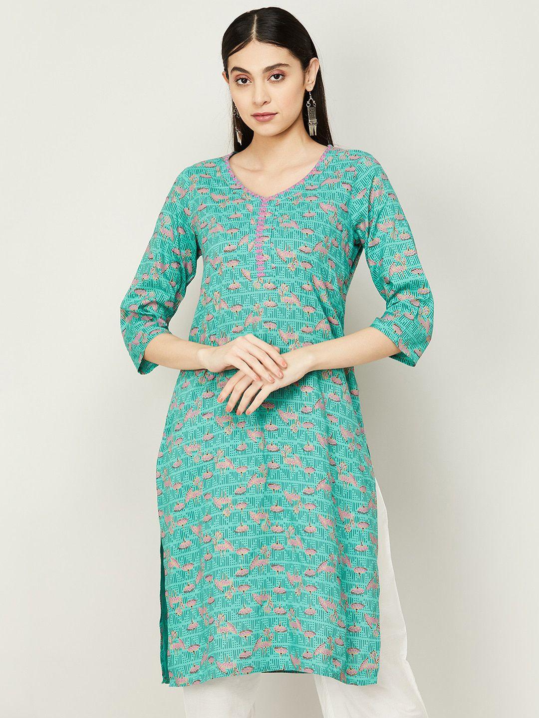 melange by lifestyle floral printed thread work v neck kurta