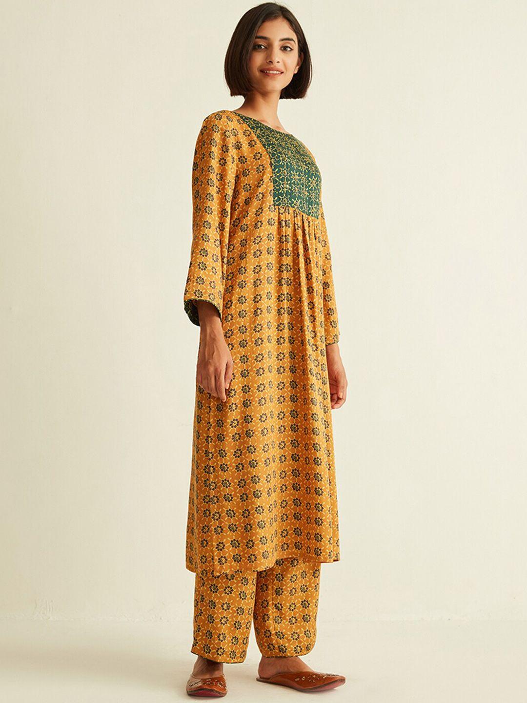 ancestry women mustard yellow printed flared sleeves anarkali kurta