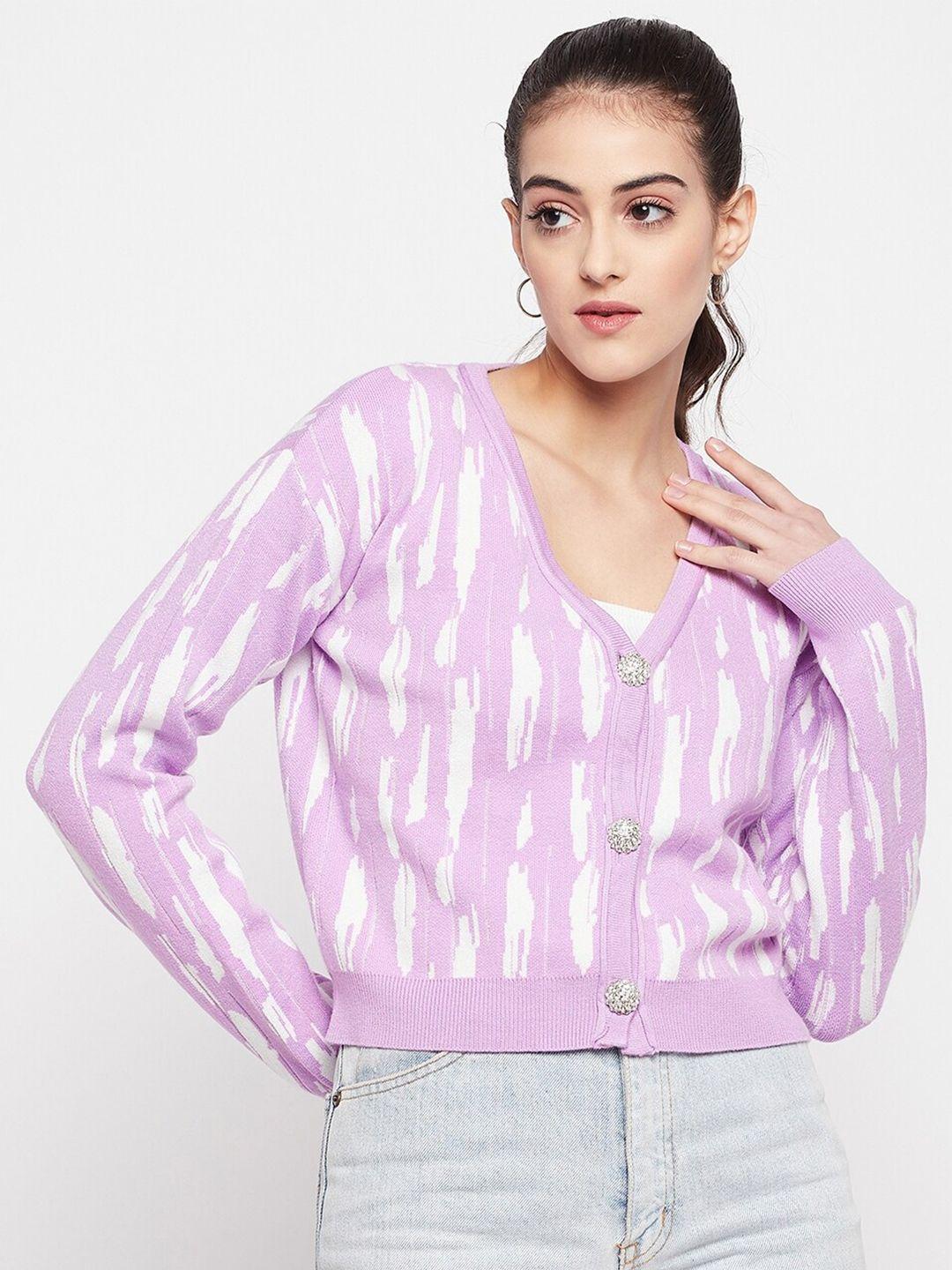 madame women mauve & white printed crop cardigan