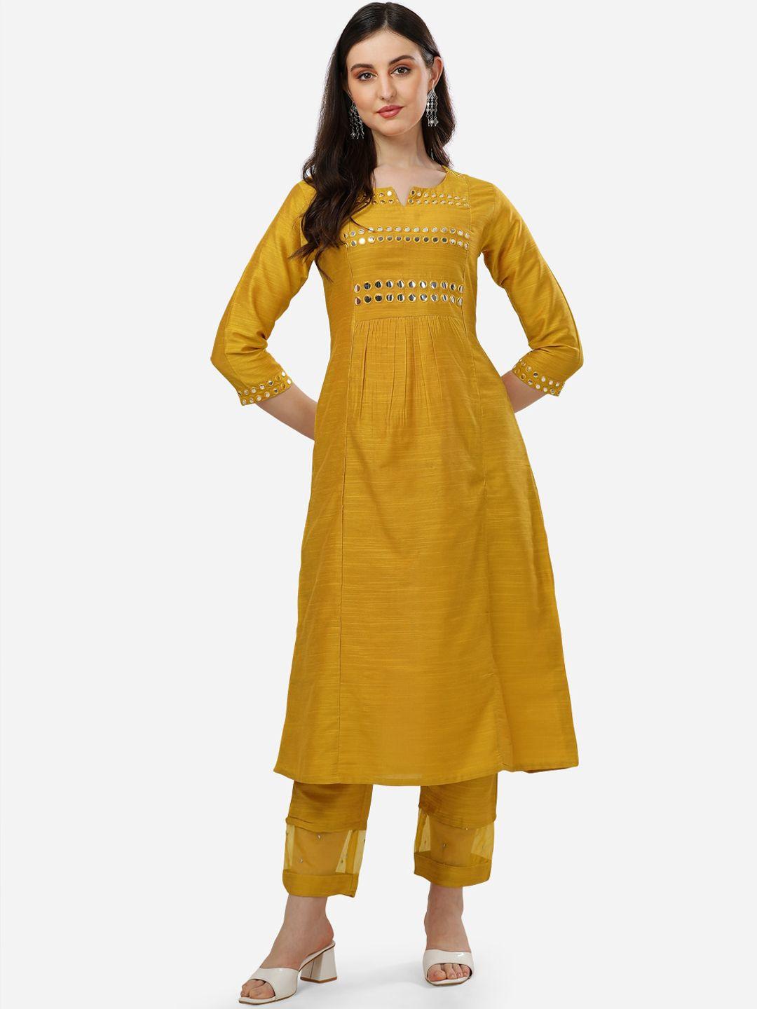 here&now embroidered panelled round neck kurta with trousers