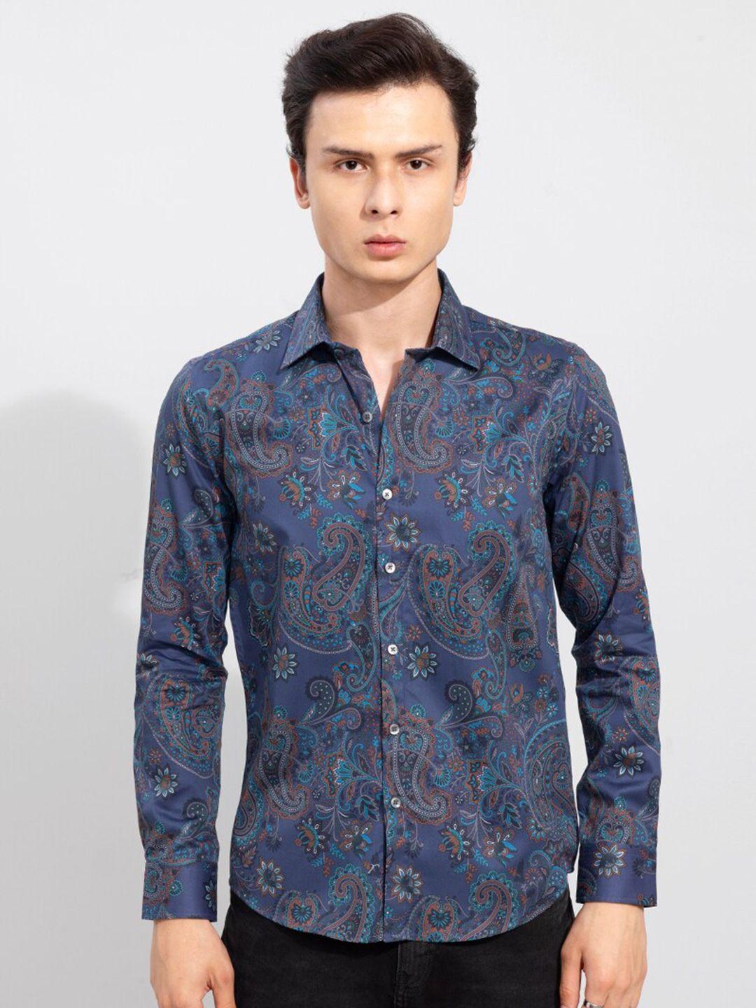 snitch men slim fit printed cotton casual shirt