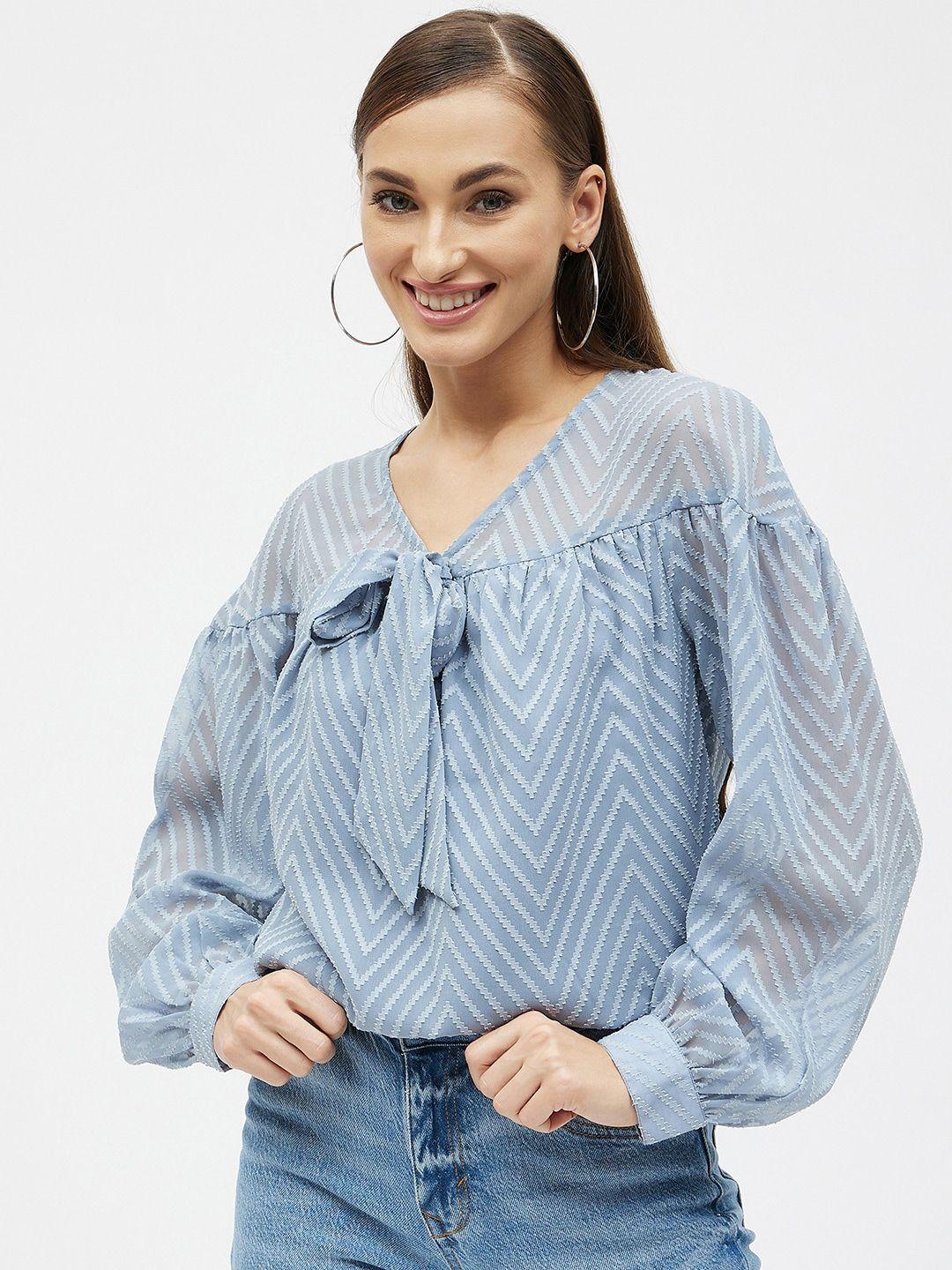 kibo striped tie-up neck georgette top