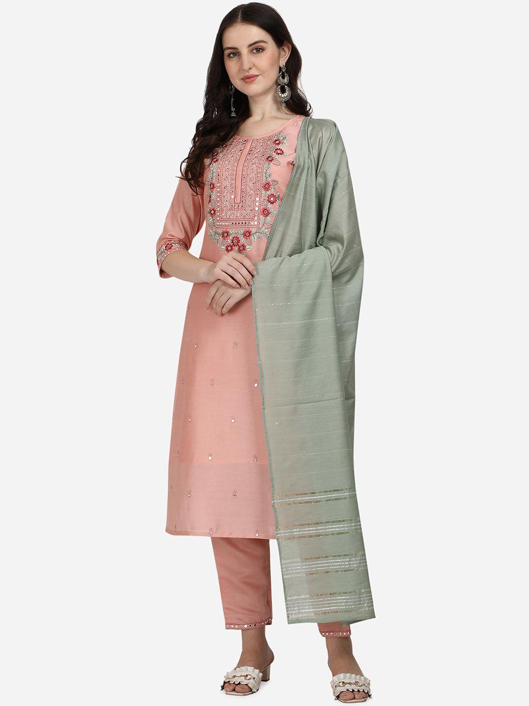 berrylicious women floral embroidered chanderi cotton kurta with trousers & dupatta