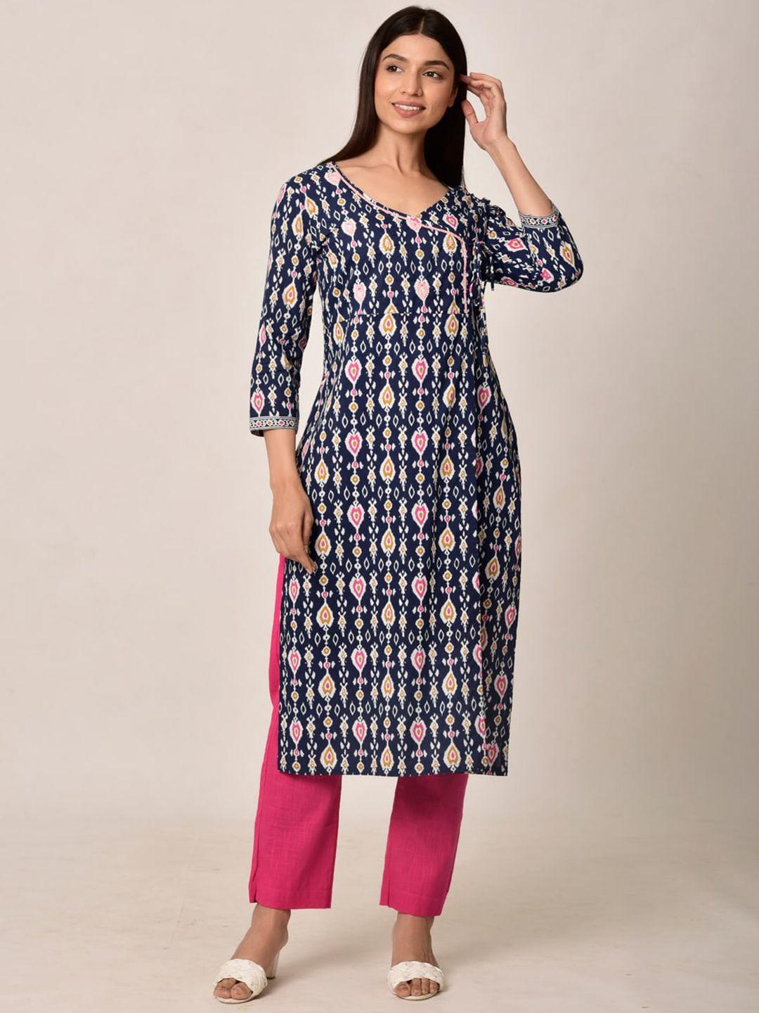 ikk kudi by seerat women blue printed pure cotton kurta with trousers