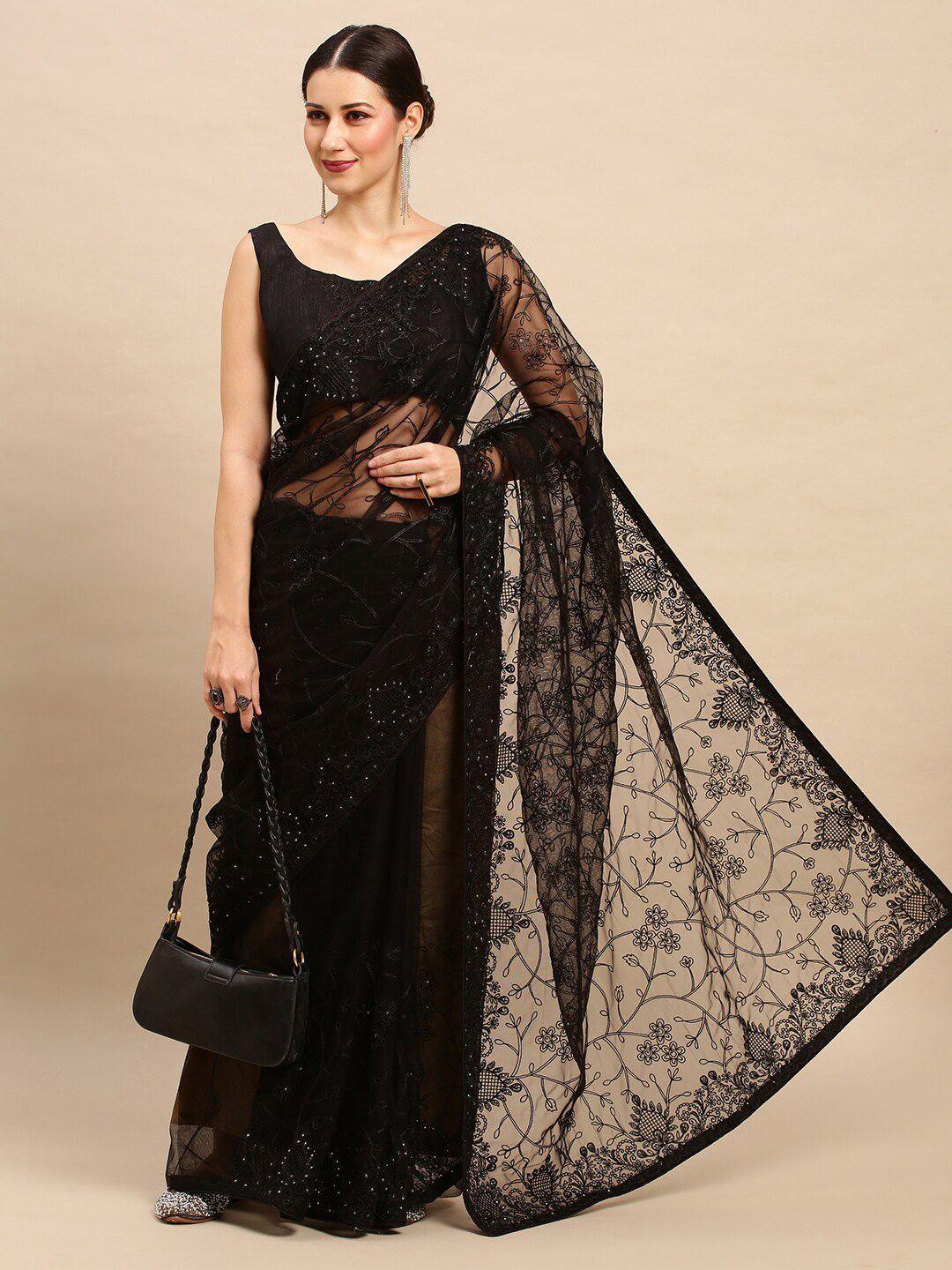 anouk black floral embroidered net saree