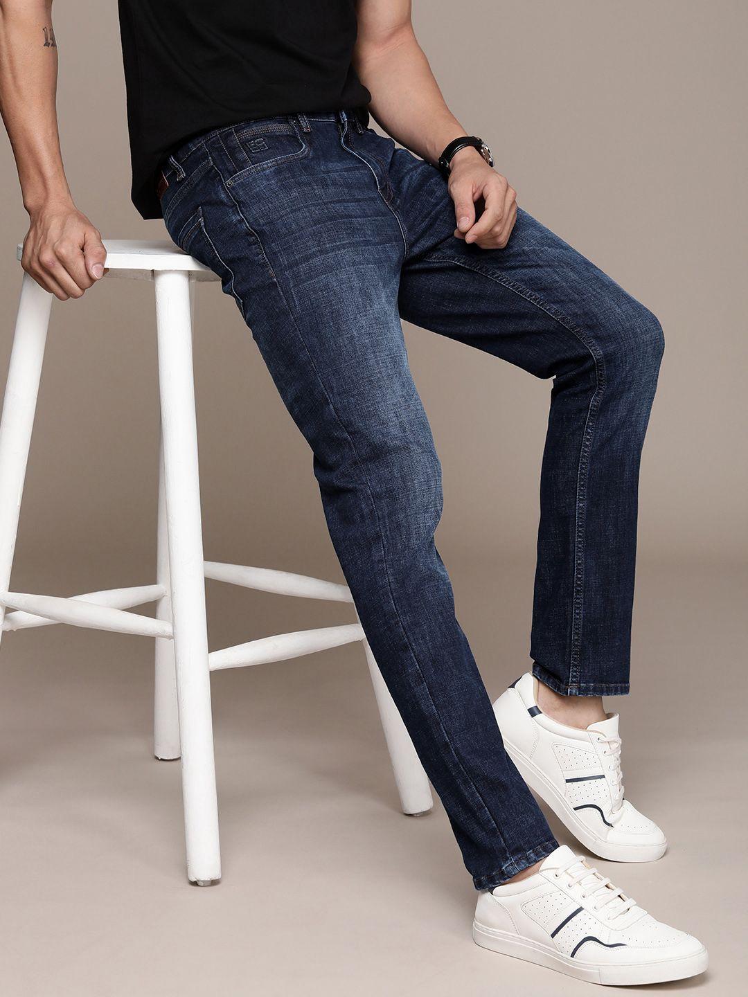 french connection men mid-rise slim fit heavy fade stretchable jeans