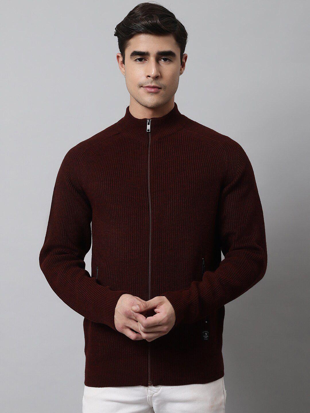 cantabil men rust ribbed cardigan with zip detail detail