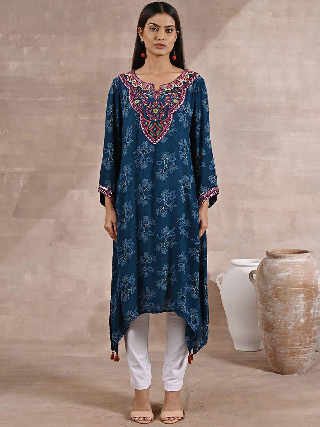 lakshita women teal floral printed flared sleeves kurta