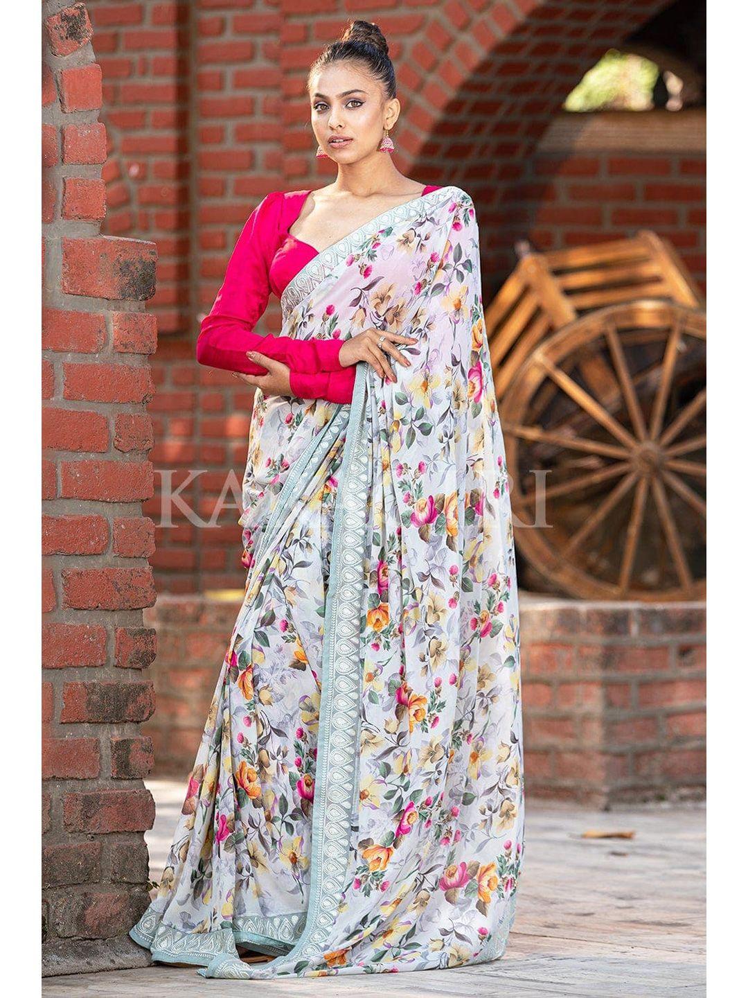 karagiri floral embroidered art silk block print saree