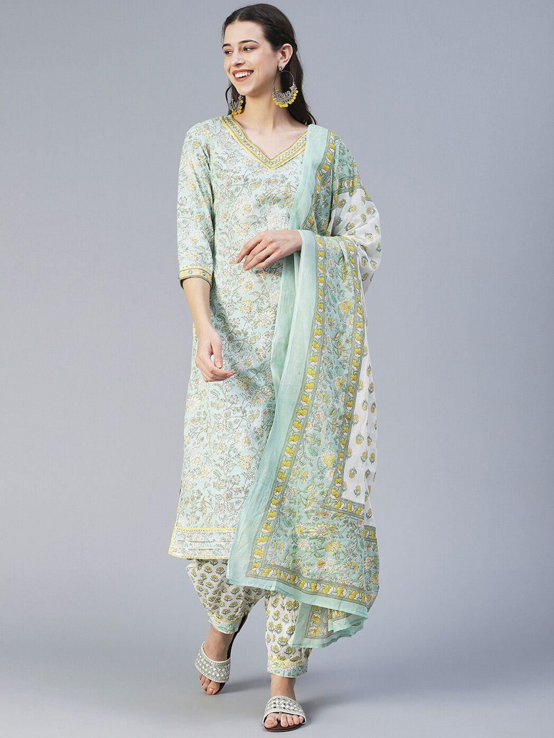 fashor floral printed v-neck pure cotton kurta with harem pants & dupatta