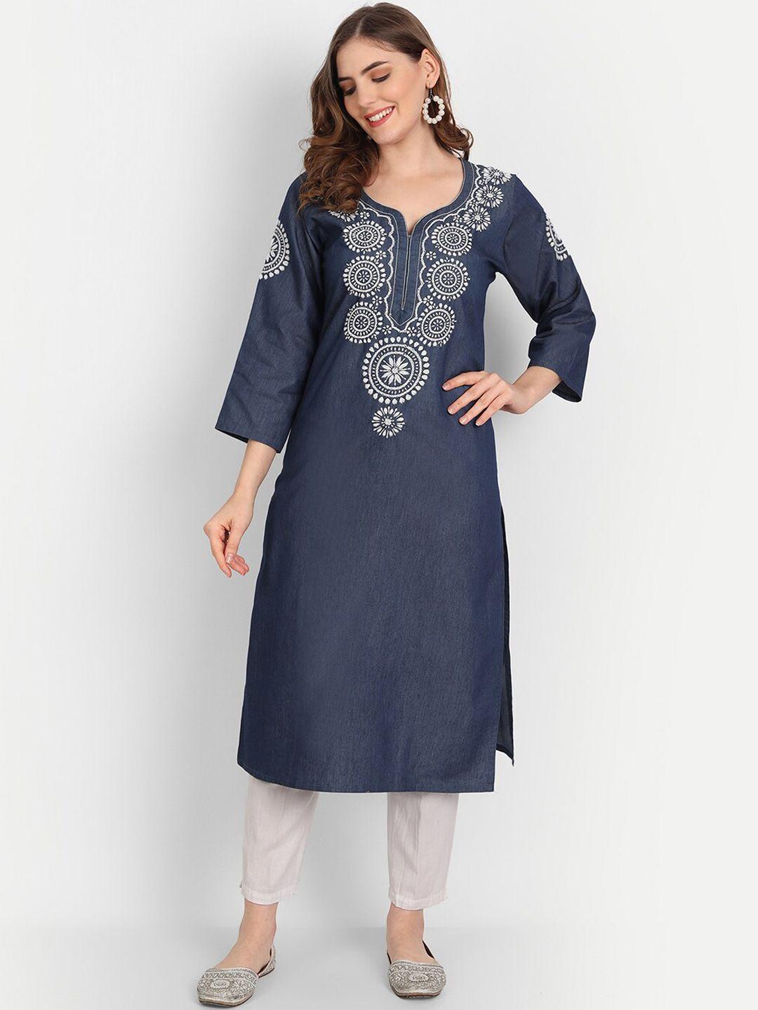 indiankala4u women ethnic motifs embroidered notch collar kurta