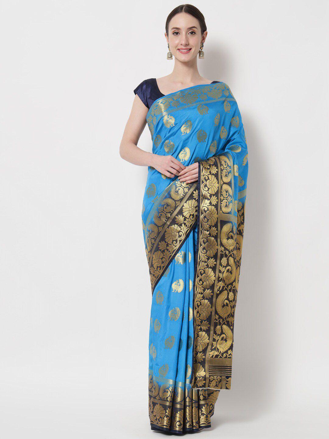 b4me com blue & gold-toned woven design zari tissue kanjeevaram saree