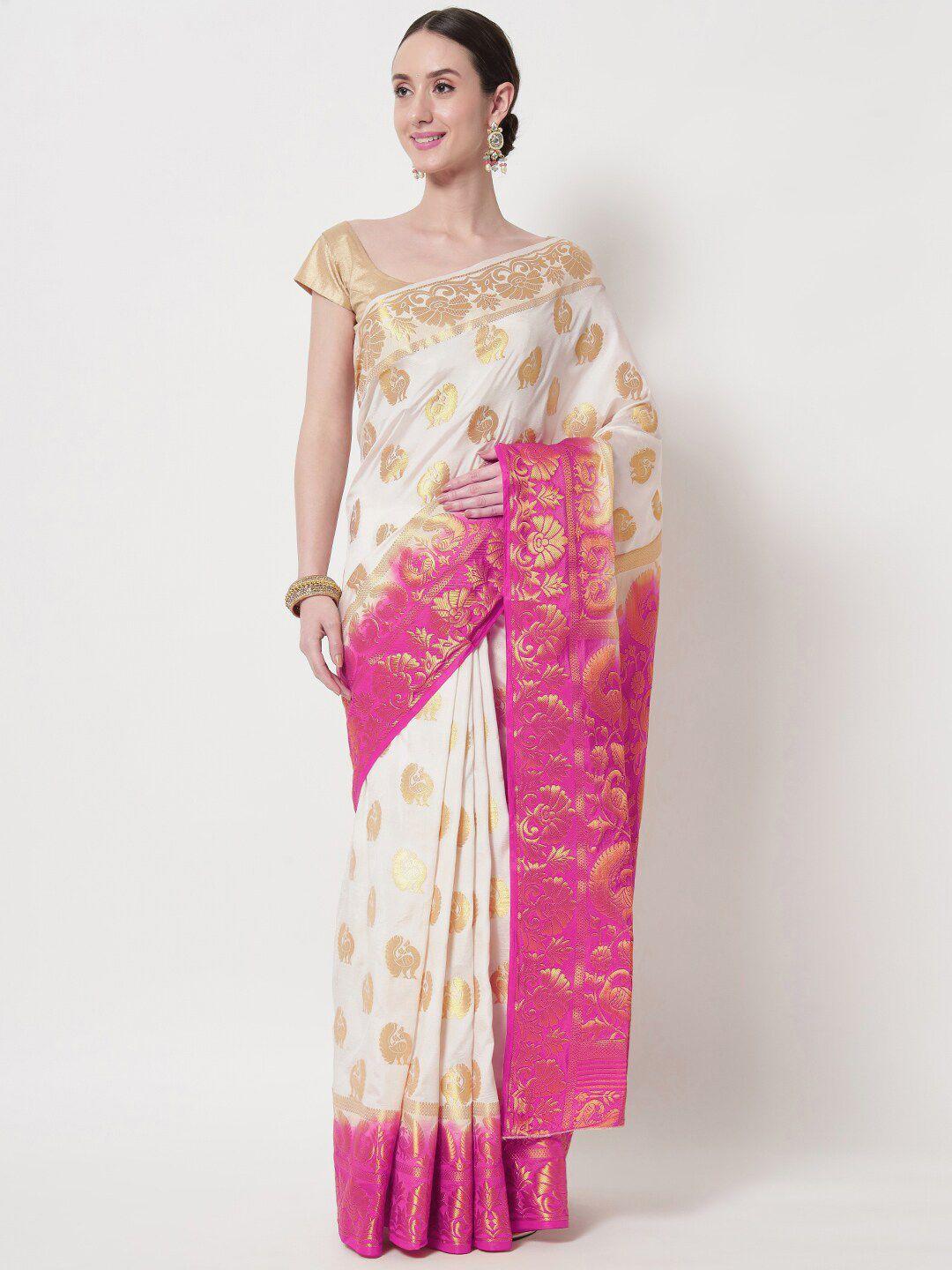 b4me com pink & cream-coloured woven design zari tissue ready to wear kanjeevaram saree