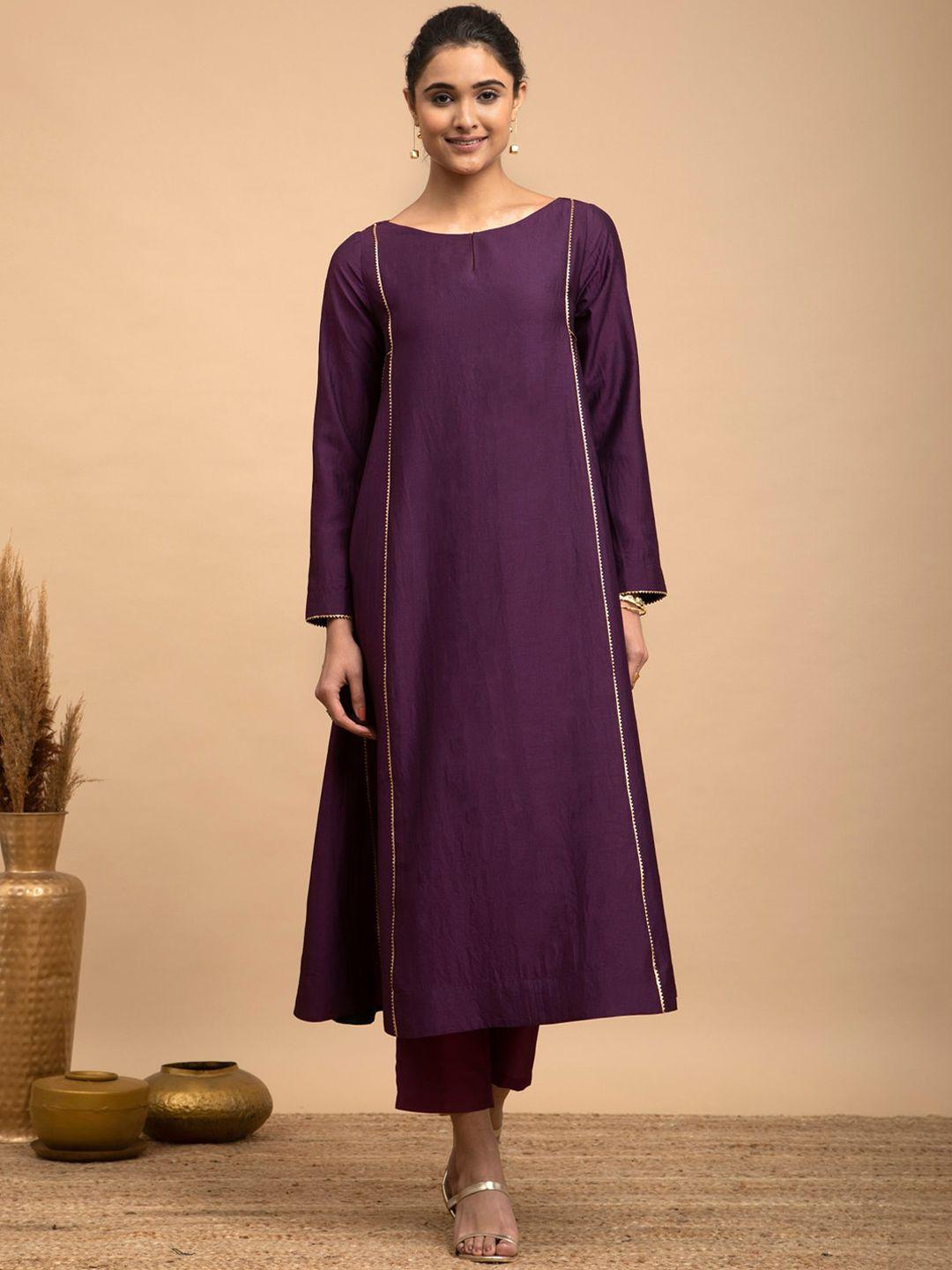 pink fort women solid boat neck mukaish kurta with trousers