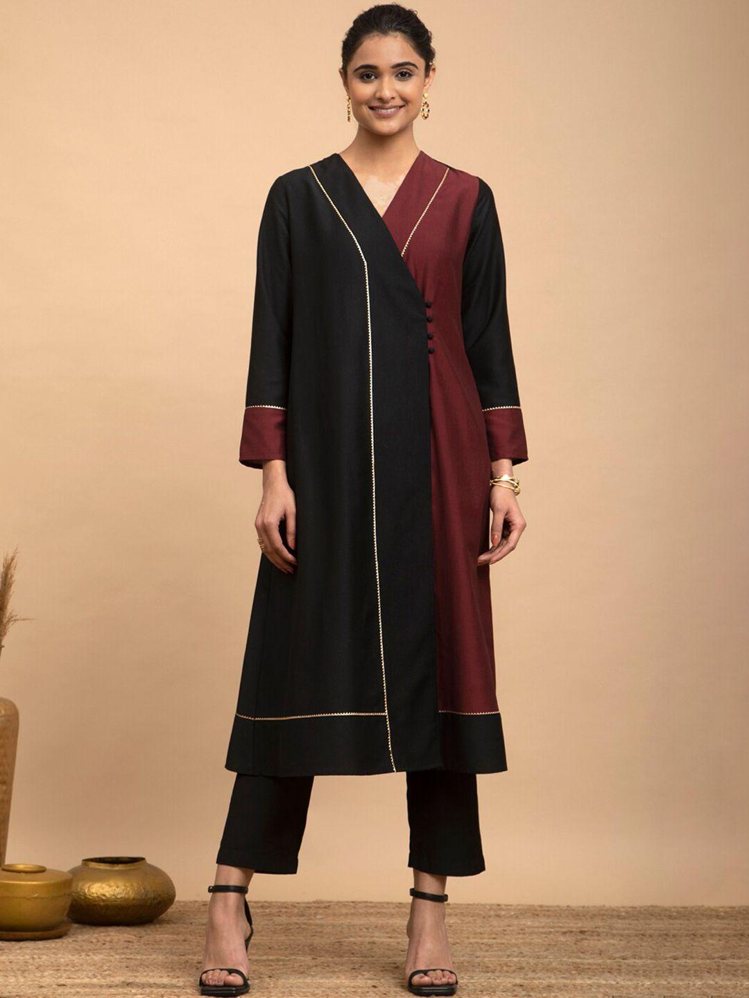 pink fort women v neck mukaish kurta with trousers