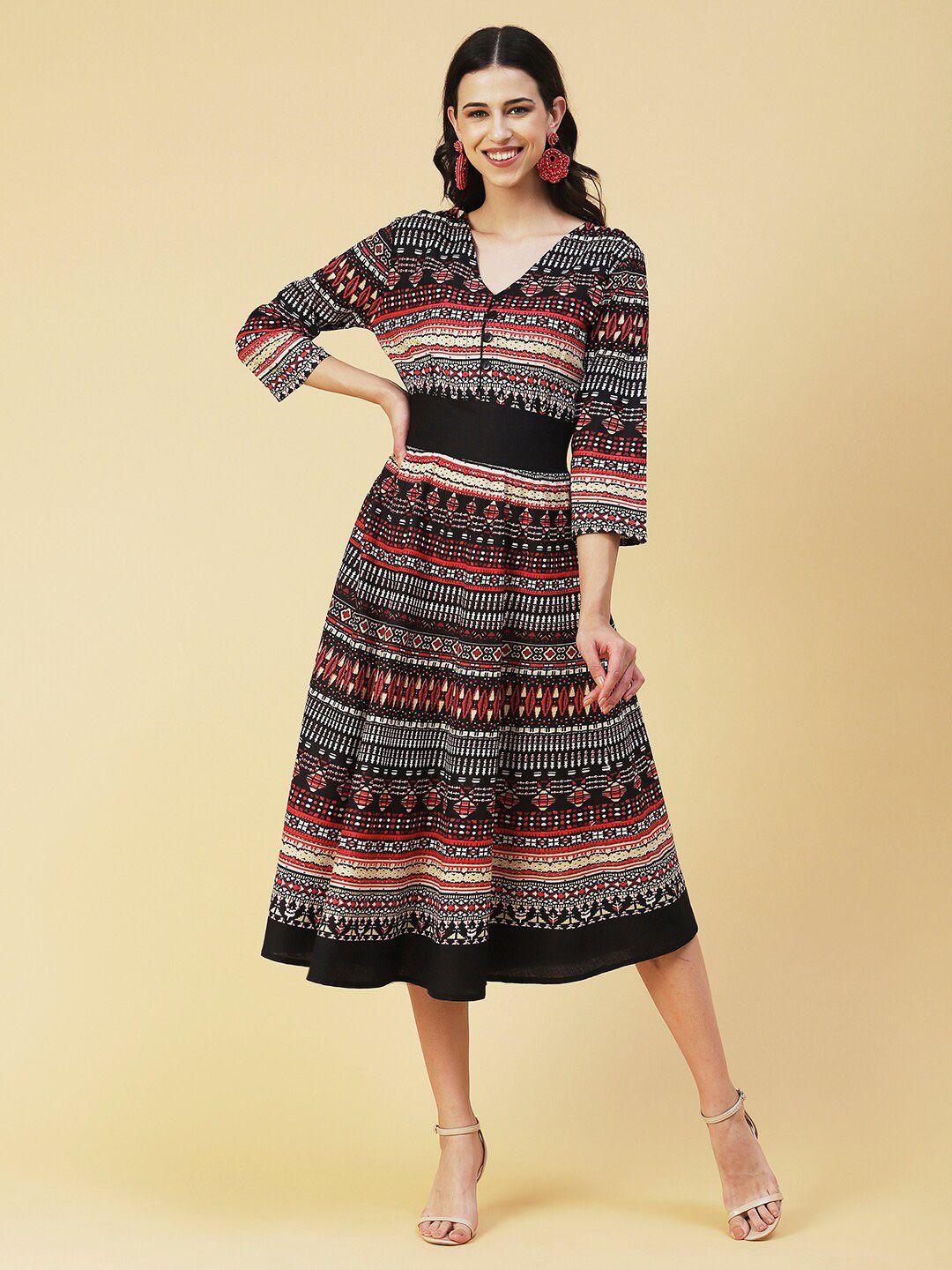 fashor ethnic motifs printed v-neck cotton a-line midi dress