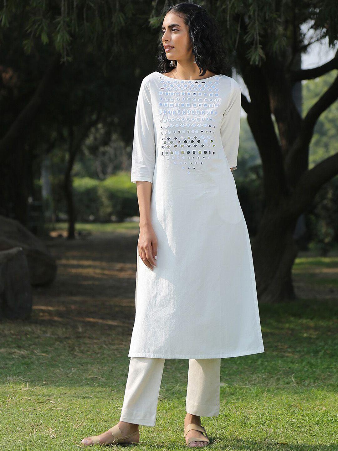 okhai women white dyed thread work kurta