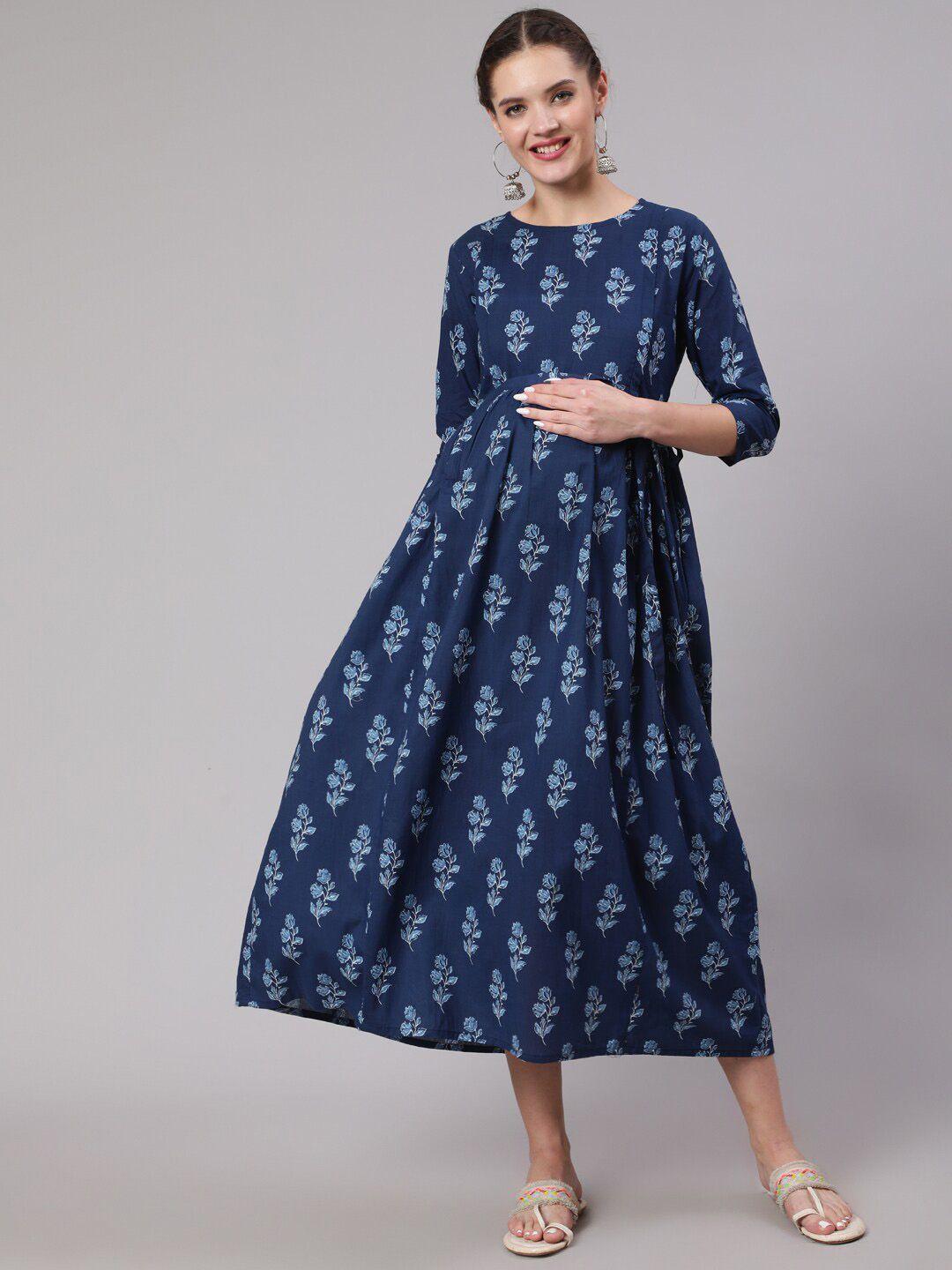 nayo floral printed maternity midi cotton fit & flare dress