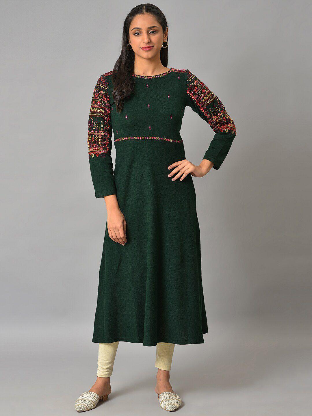 w women green & red ethnic motifs printed acrylic kurta